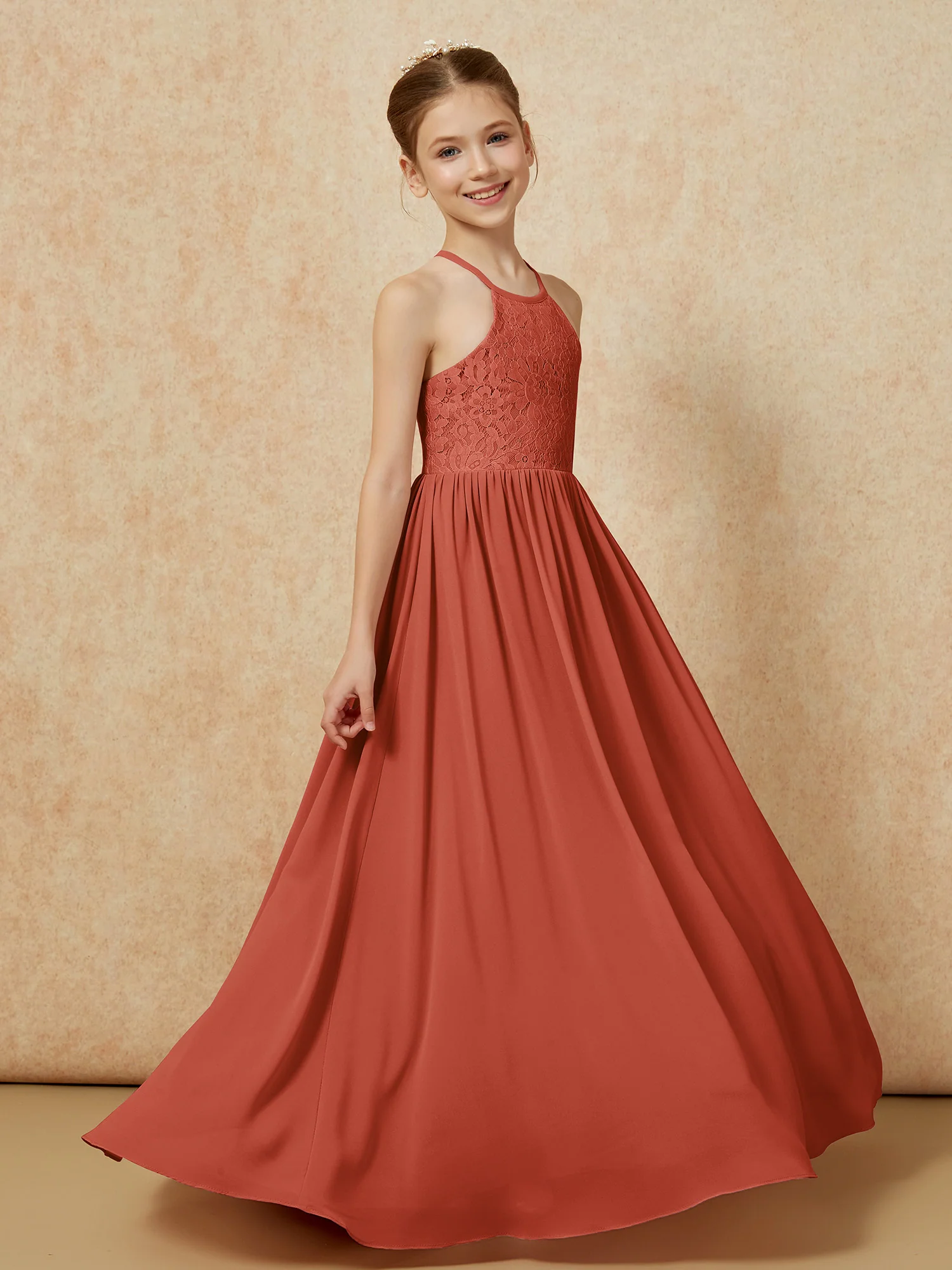 Pleated Lace Chiffion Long Junior Bridesmaid Dress Rust - Image 3