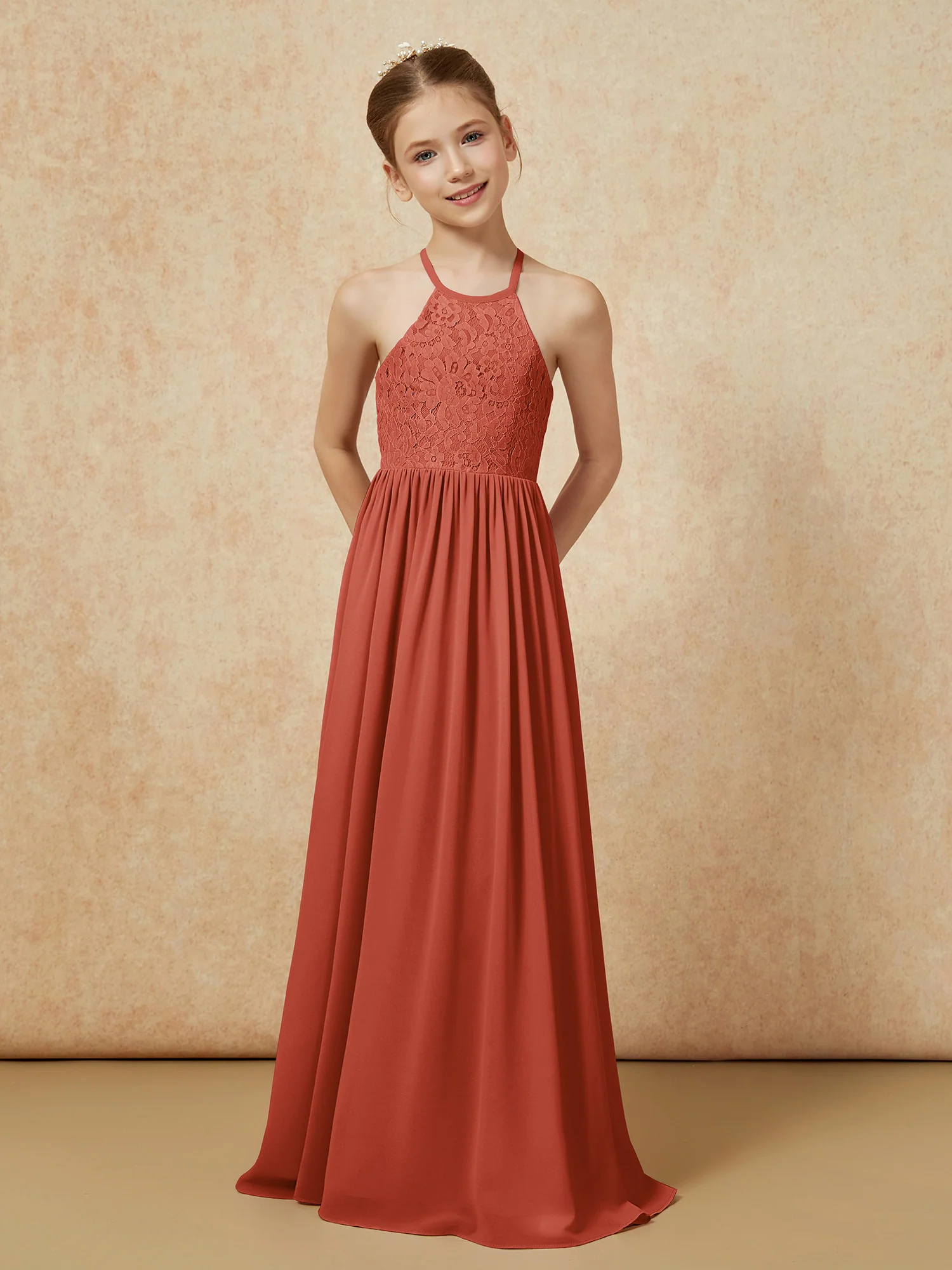 Pleated Lace Chiffion Long Junior Bridesmaid Dress Rust - Image 4