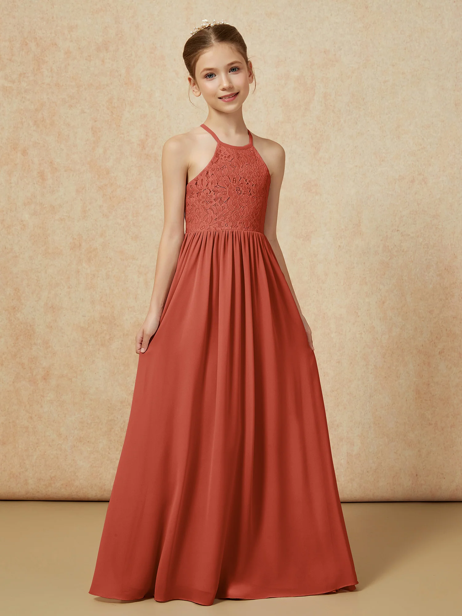 Pleated Lace Chiffion Long Junior Bridesmaid Dress Rust - Image 5