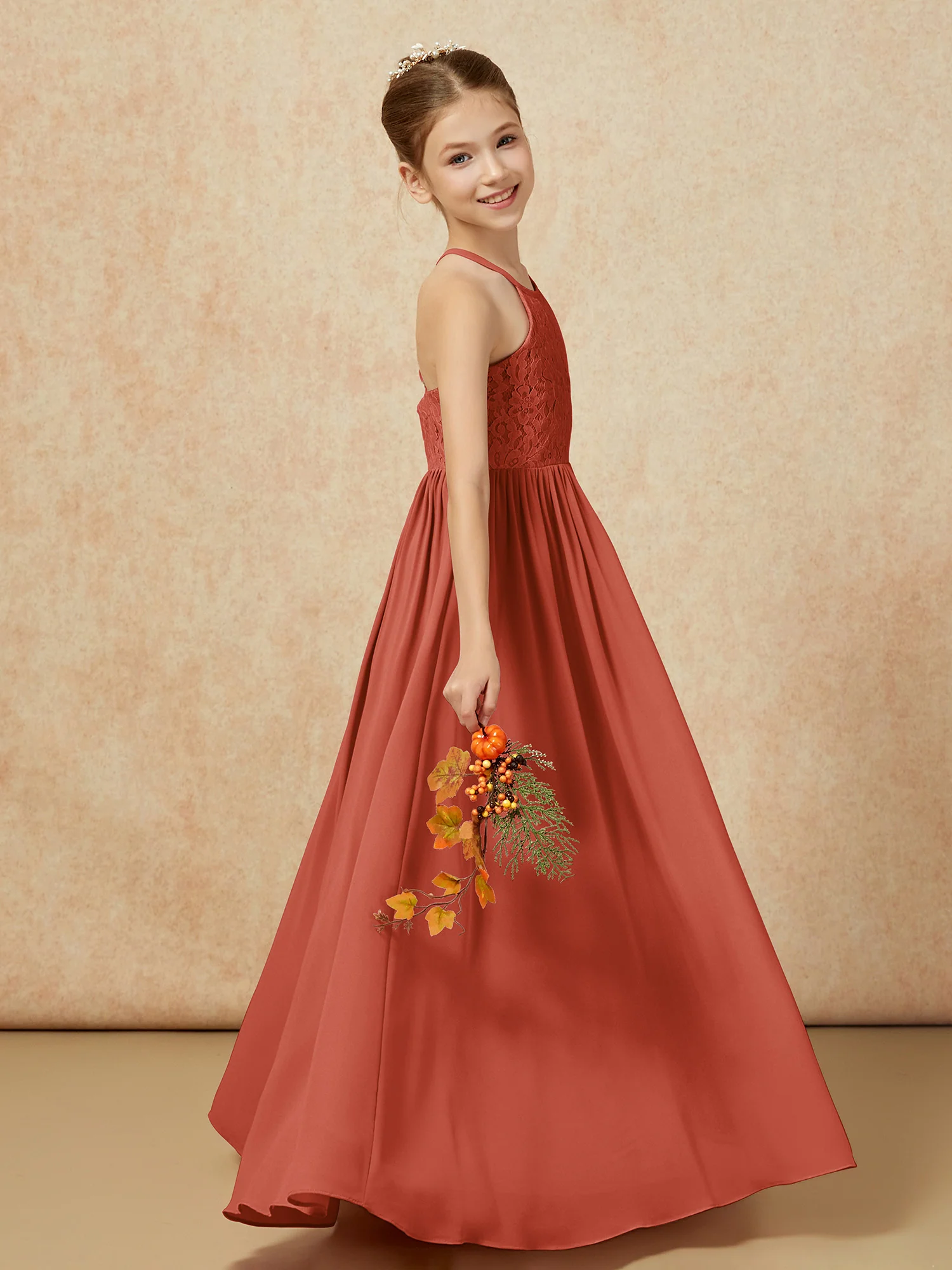 Pleated Lace Chiffion Long Junior Bridesmaid Dress Rust - Image 6