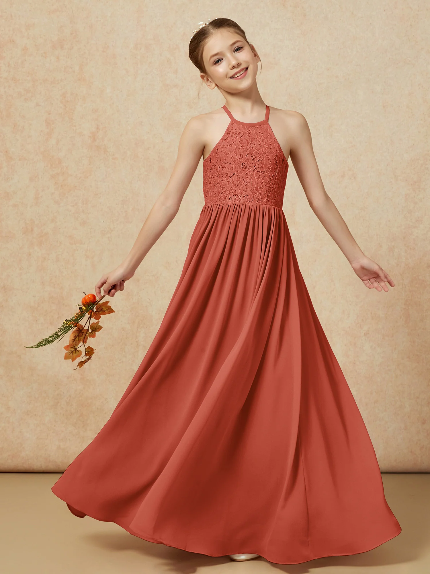 Pleated Lace Chiffion Long Junior Bridesmaid Dress Rust - Image 7