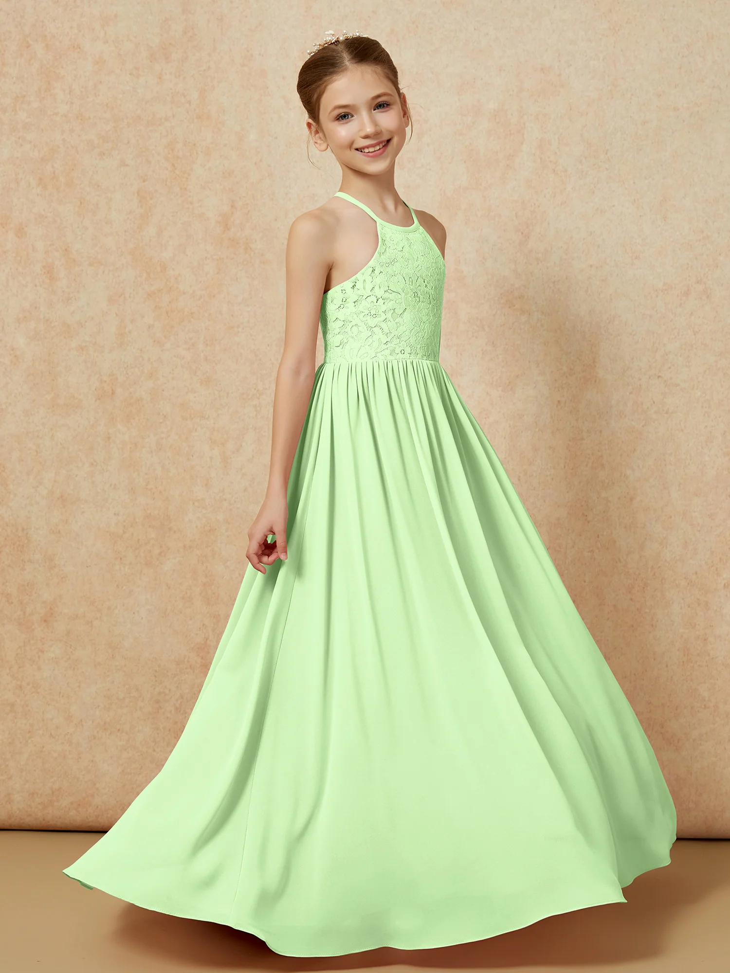 Pleated Lace Chiffion Long Junior Bridesmaid Dress Sage - Image 3