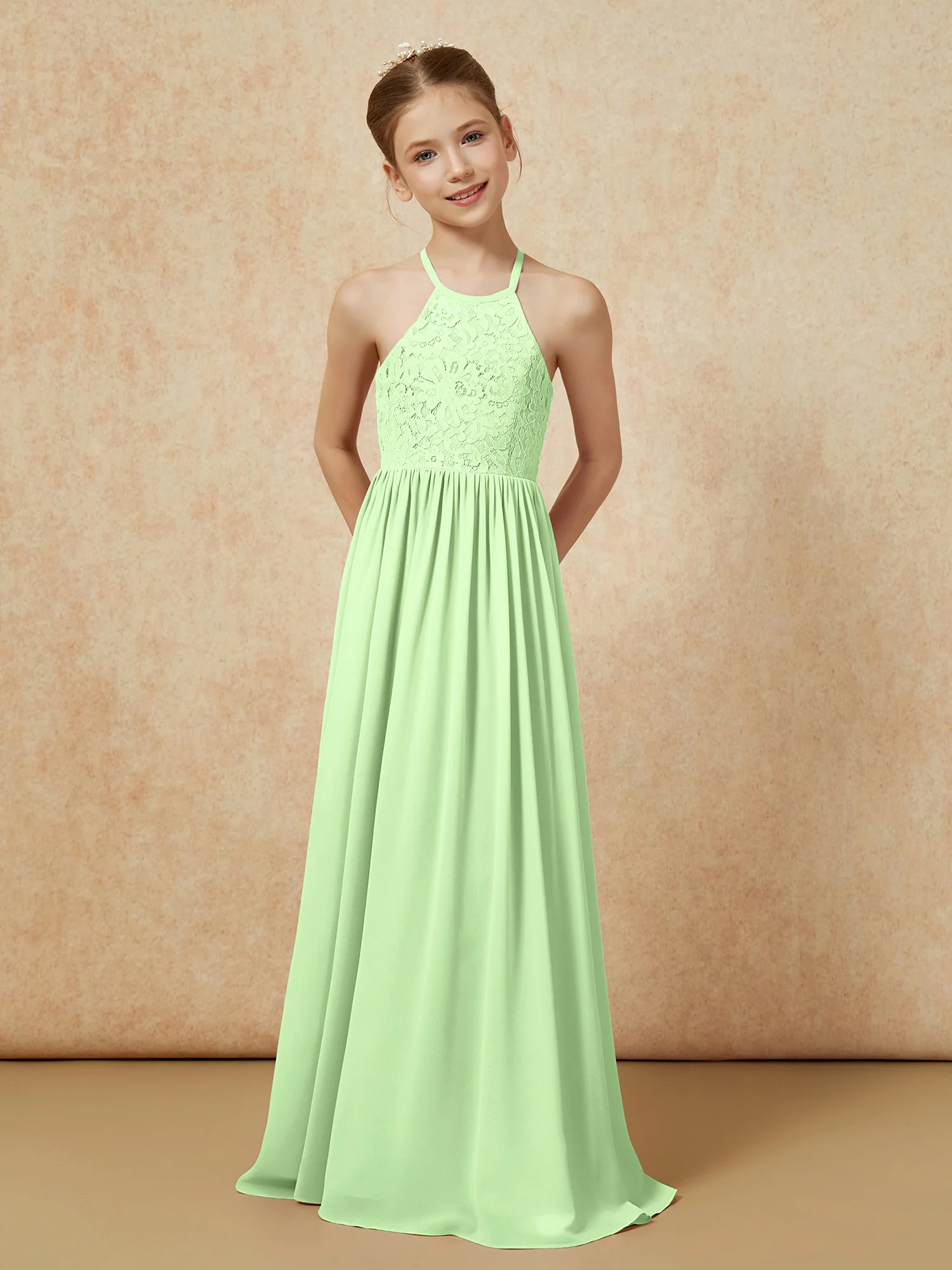 Pleated Lace Chiffion Long Junior Bridesmaid Dress Sage - Image 4