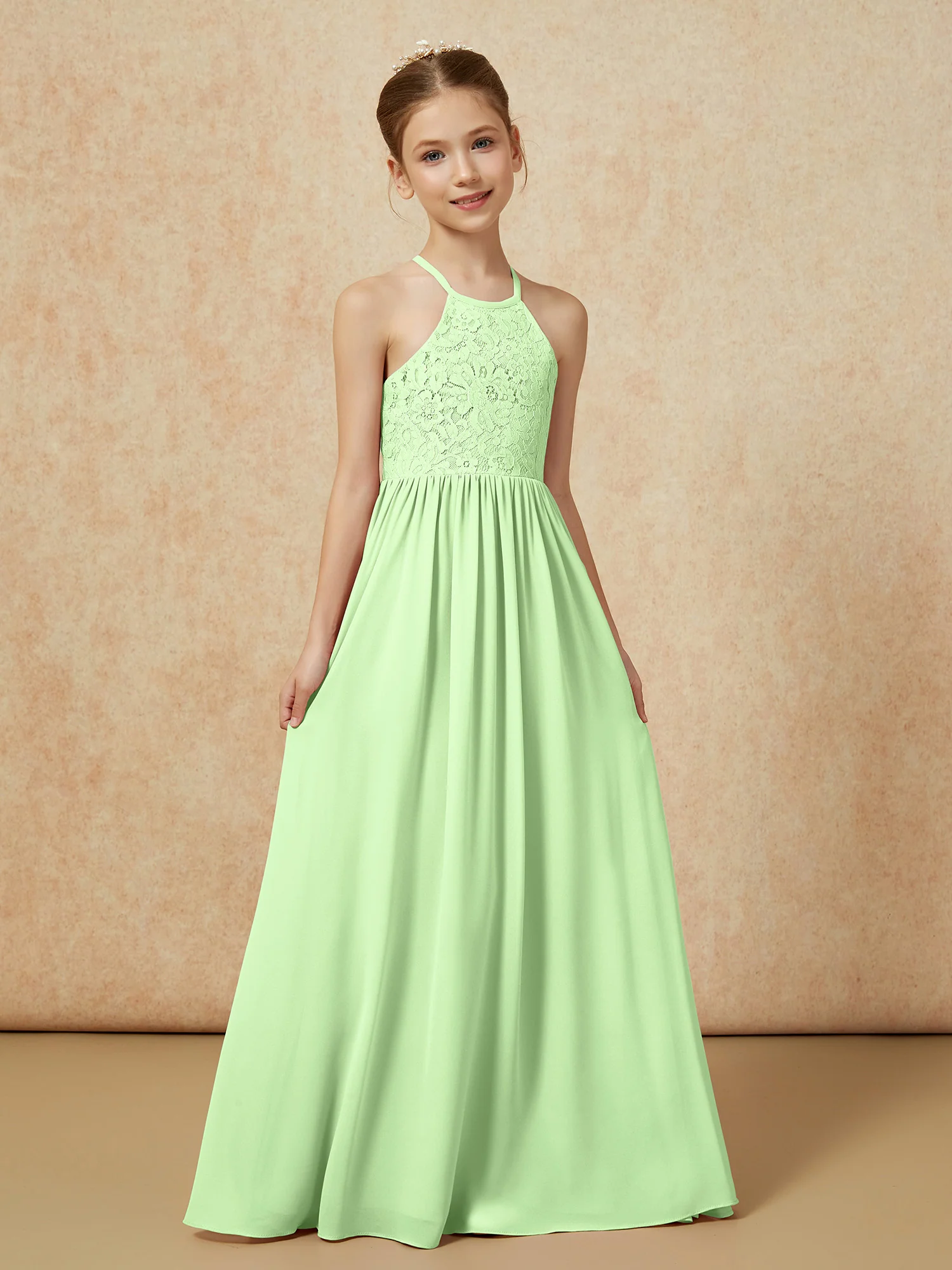 Pleated Lace Chiffion Long Junior Bridesmaid Dress Sage - Image 5