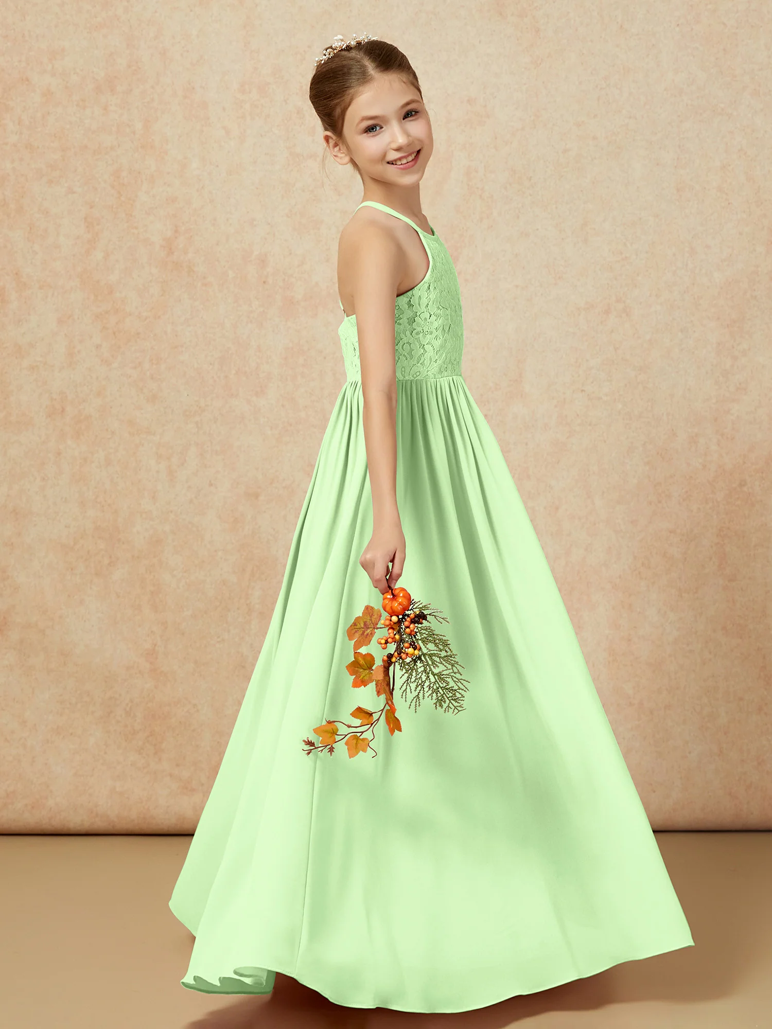 Pleated Lace Chiffion Long Junior Bridesmaid Dress Sage - Image 6
