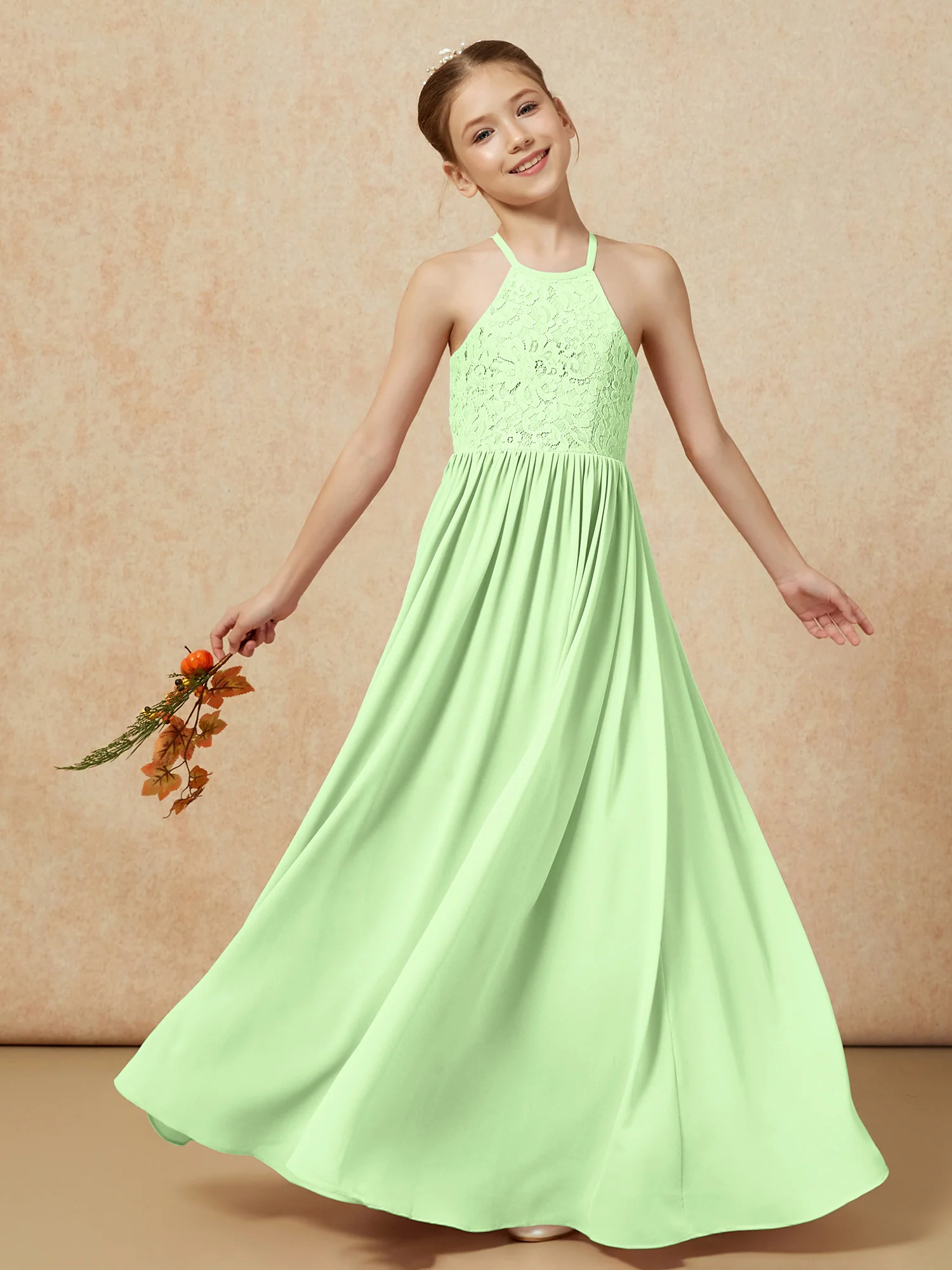 Pleated Lace Chiffion Long Junior Bridesmaid Dress Sage - Image 7