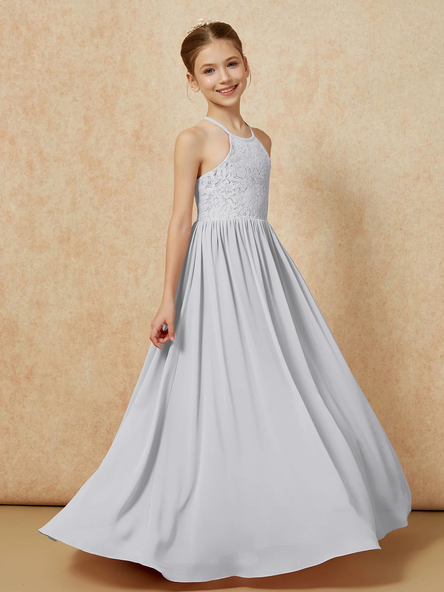 Pleated Lace Chiffion Long Junior Bridesmaid Dress Silver - Image 3