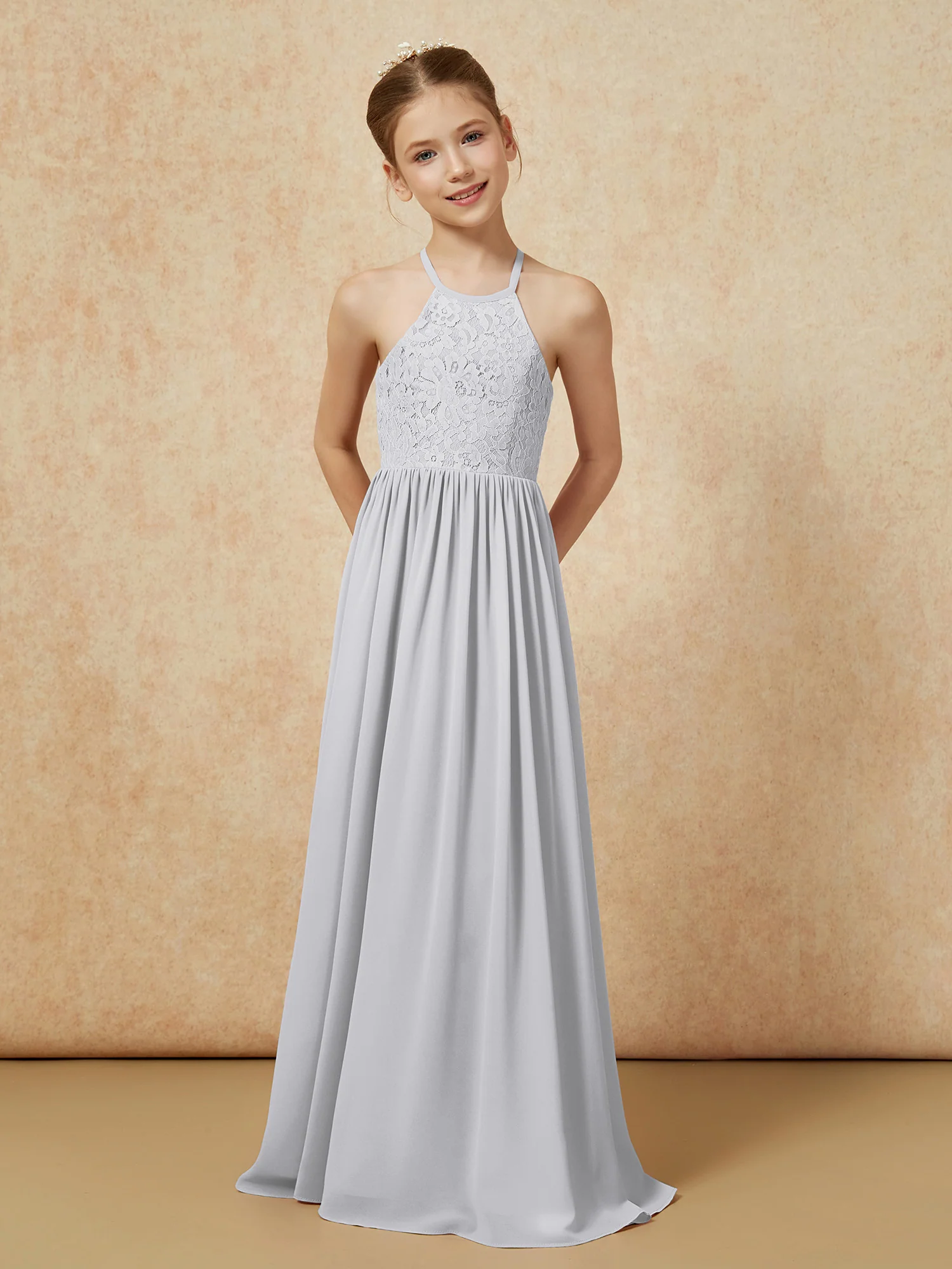 Pleated Lace Chiffion Long Junior Bridesmaid Dress Silver - Image 4