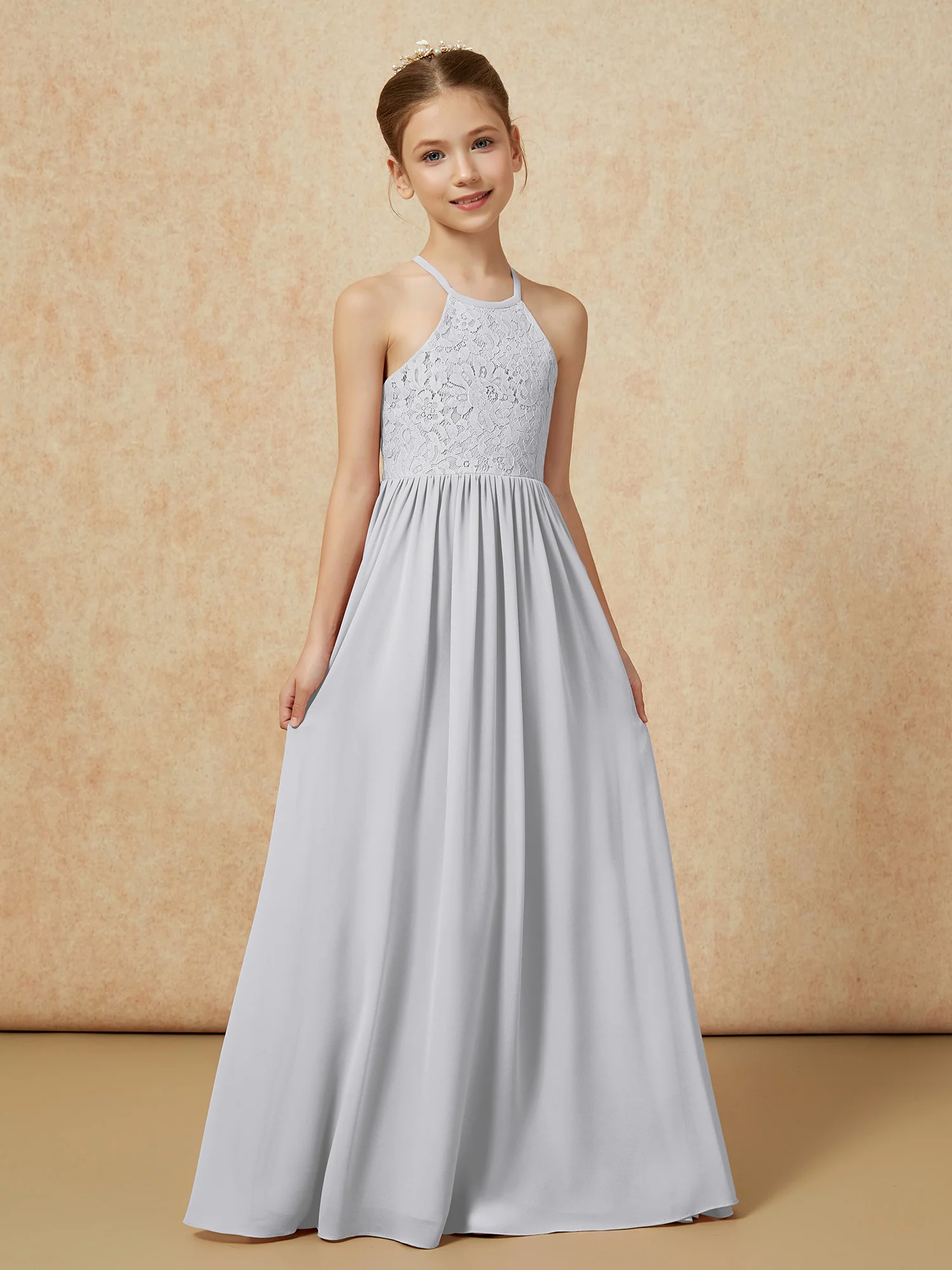 Pleated Lace Chiffion Long Junior Bridesmaid Dress Silver - Image 5