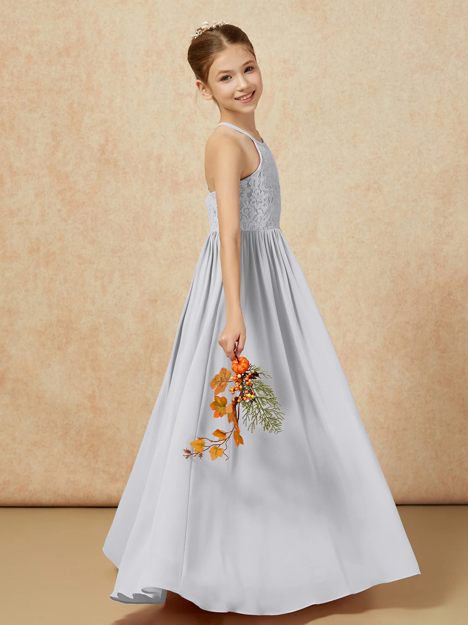 Pleated Lace Chiffion Long Junior Bridesmaid Dress Silver - Image 6