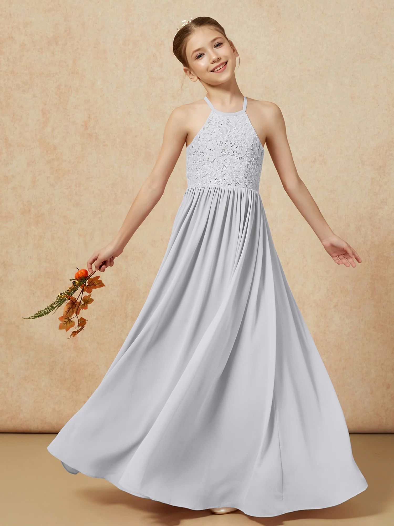 Pleated Lace Chiffion Long Junior Bridesmaid Dress Silver - Image 7