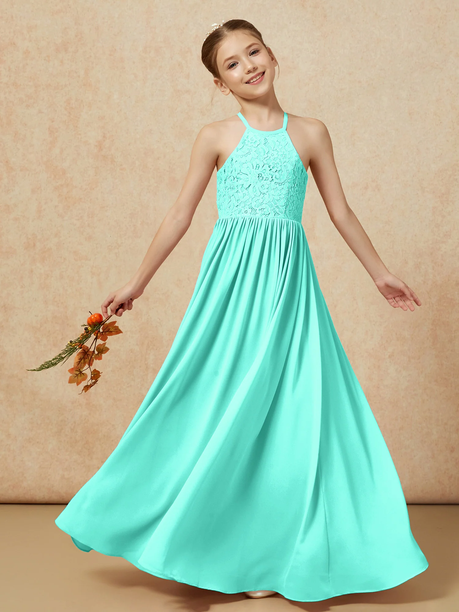 Pleated Lace Chiffion Long Junior Bridesmaid Dress Spa - Image 7