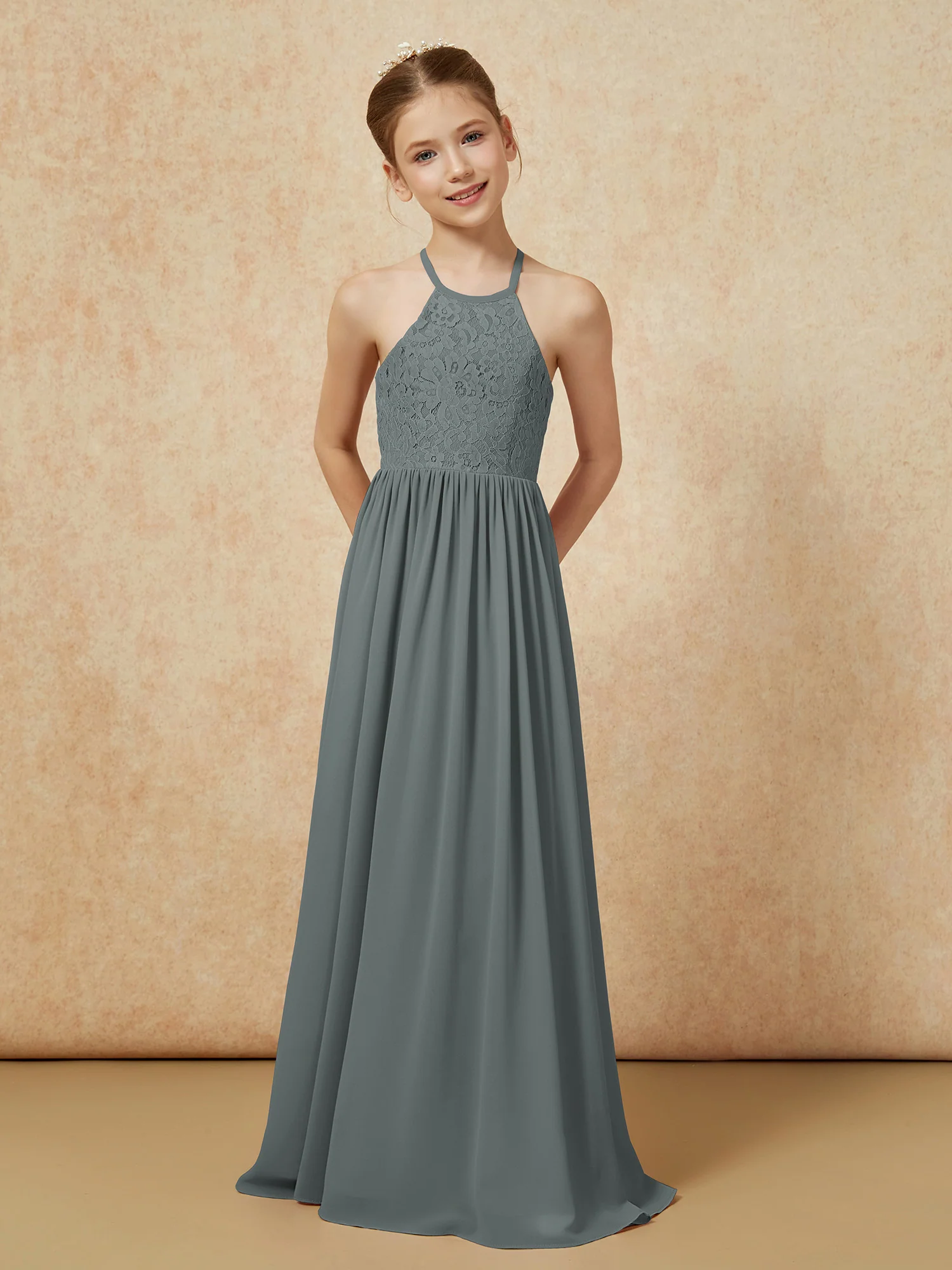 Pleated Lace Chiffion Long Junior Bridesmaid Dress Steel Grey - Image 4
