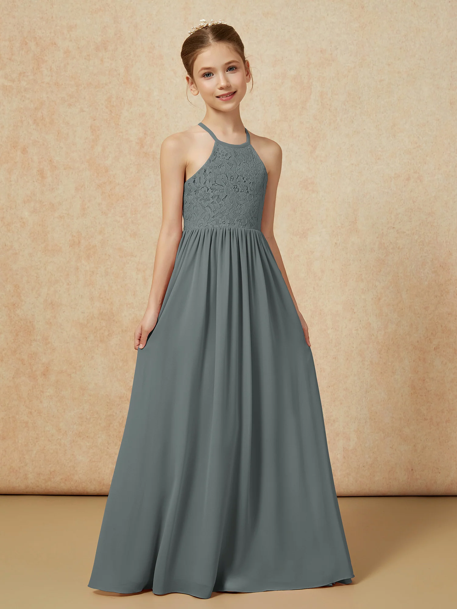 Pleated Lace Chiffion Long Junior Bridesmaid Dress Steel Grey - Image 5