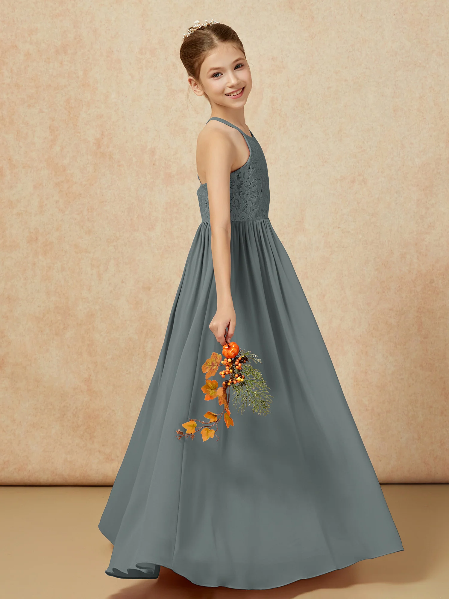 Pleated Lace Chiffion Long Junior Bridesmaid Dress Steel Grey - Image 6