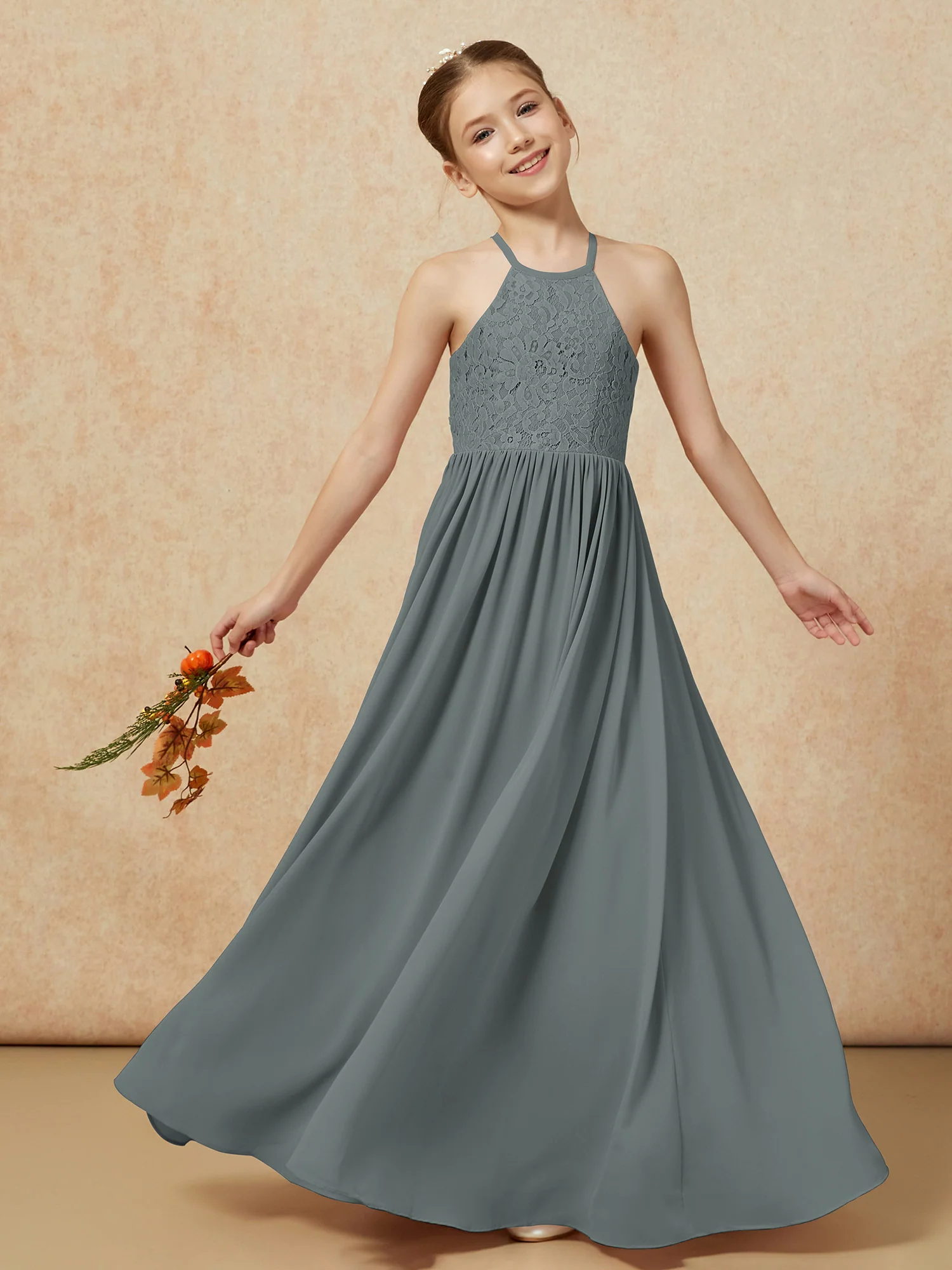 Pleated Lace Chiffion Long Junior Bridesmaid Dress Steel Grey - Image 7