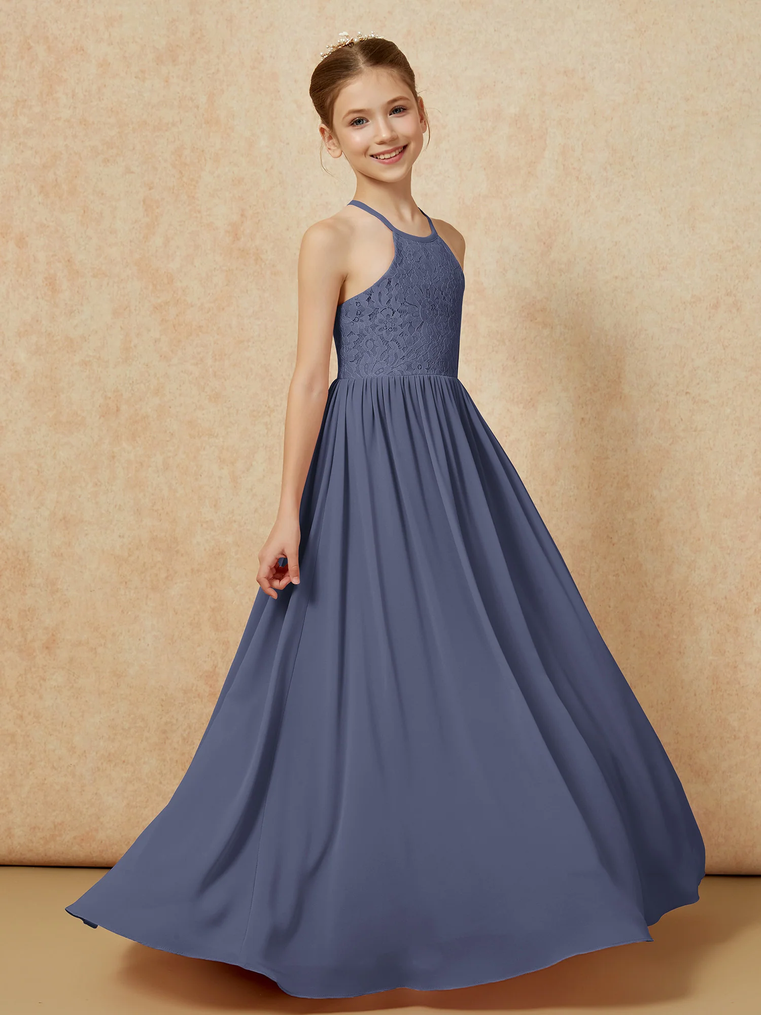 Pleated Lace Chiffion Long Junior Bridesmaid Dress Stormy - Image 3