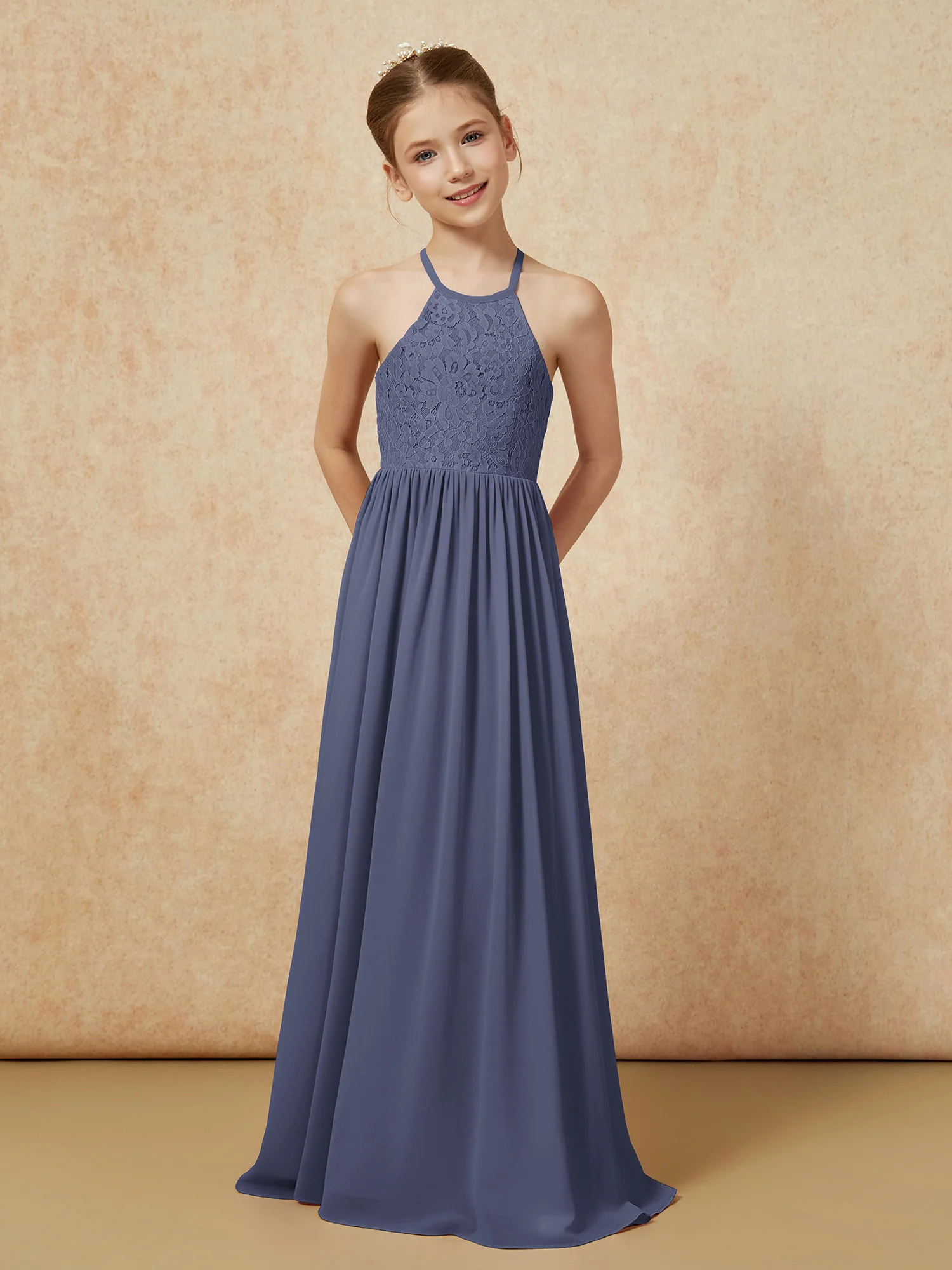 Pleated Lace Chiffion Long Junior Bridesmaid Dress Stormy - Image 4