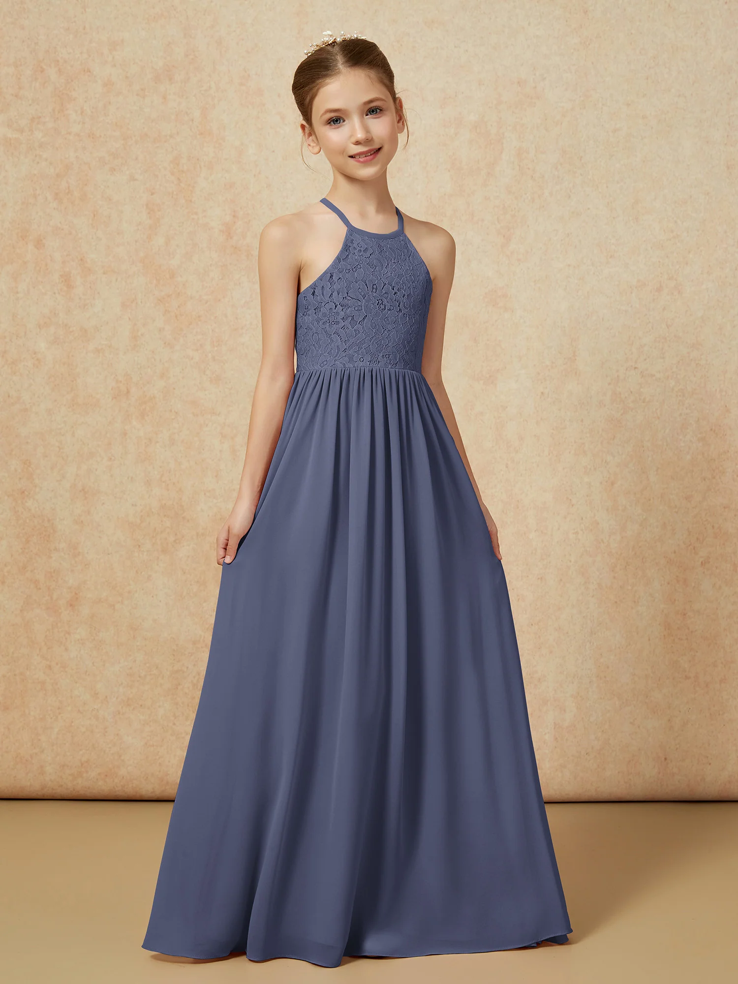 Pleated Lace Chiffion Long Junior Bridesmaid Dress Stormy - Image 5