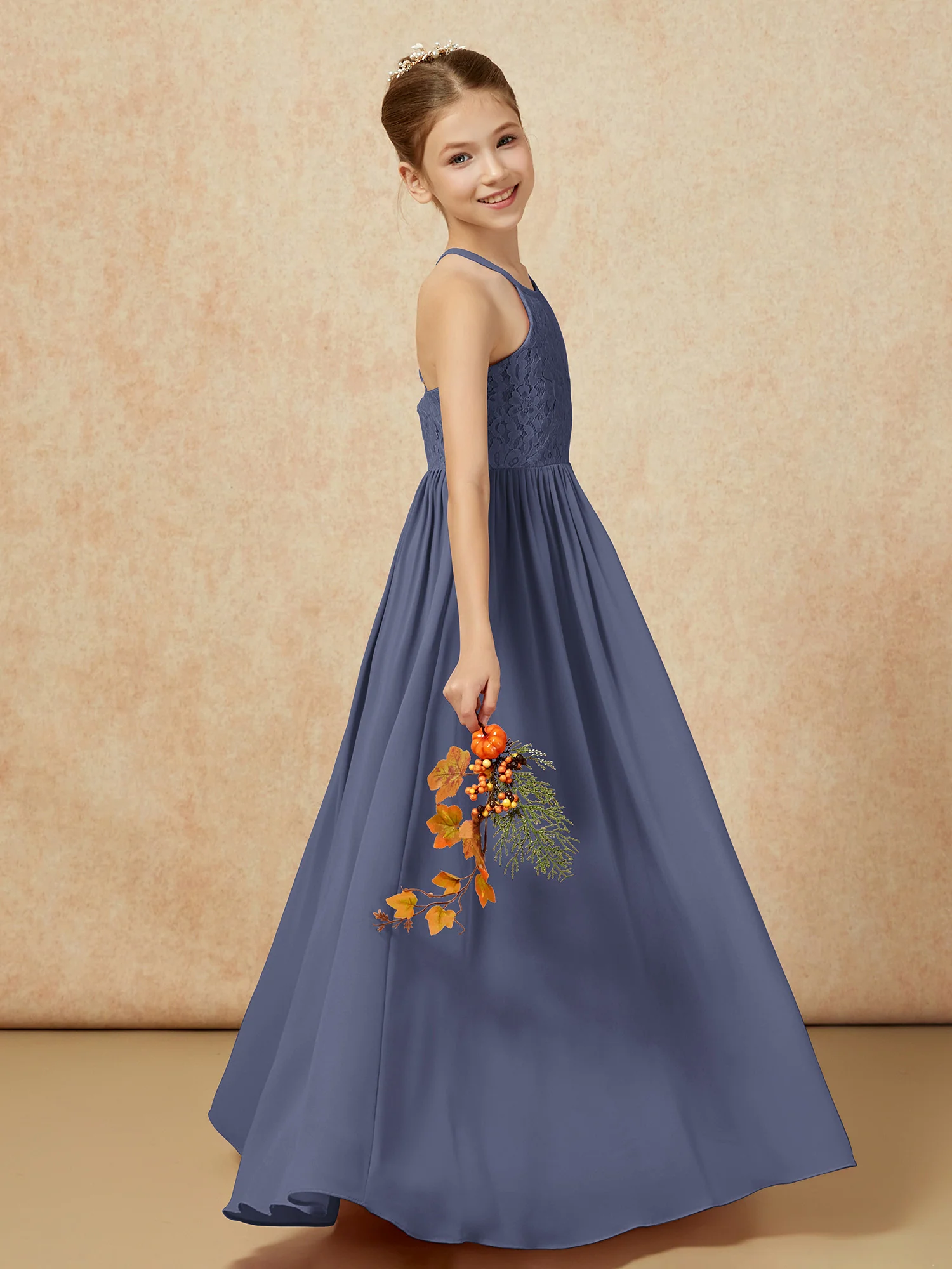 Pleated Lace Chiffion Long Junior Bridesmaid Dress Stormy - Image 6