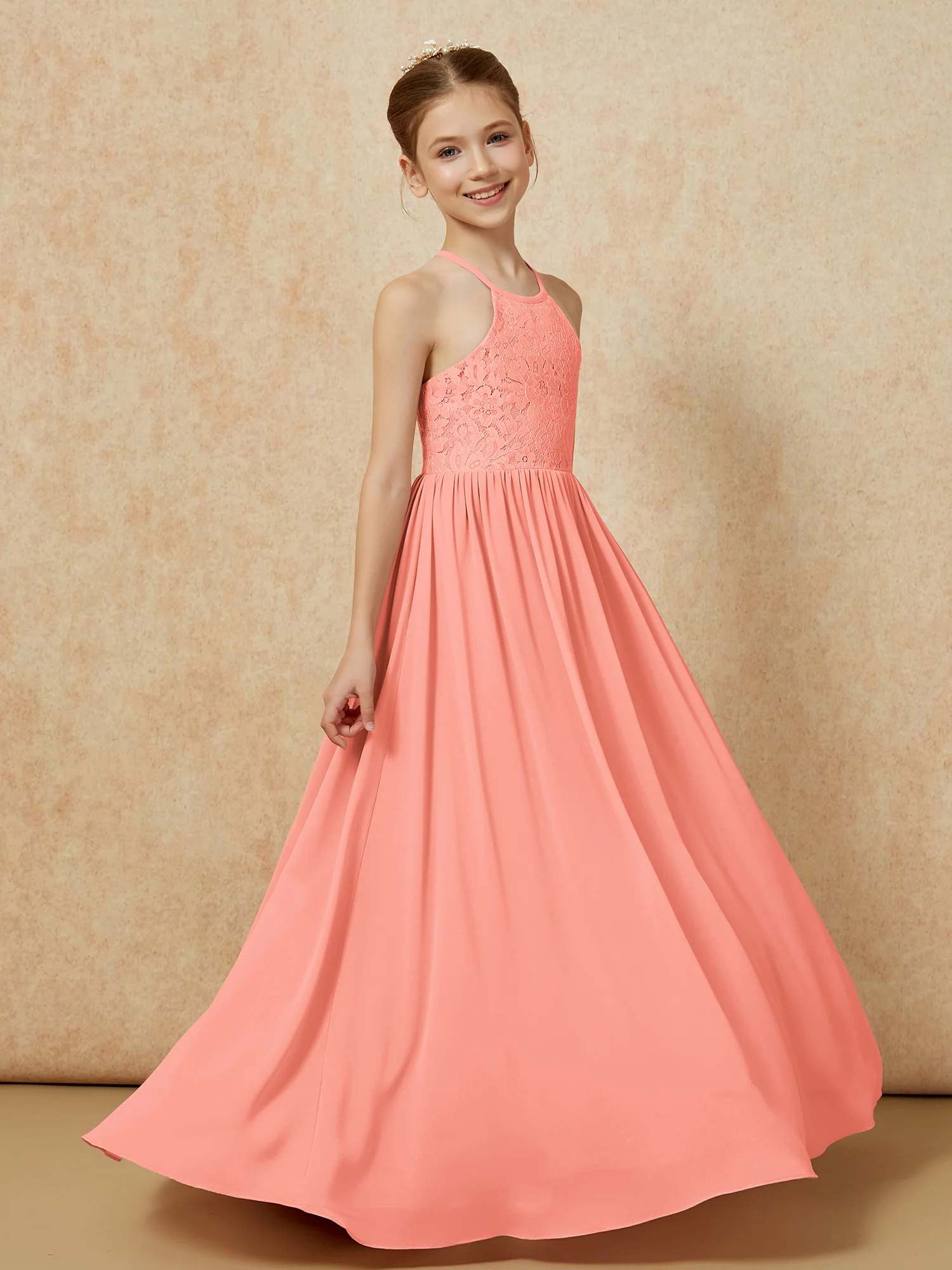 Pleated Lace Chiffion Long Junior Bridesmaid Dress Sunset - Image 3