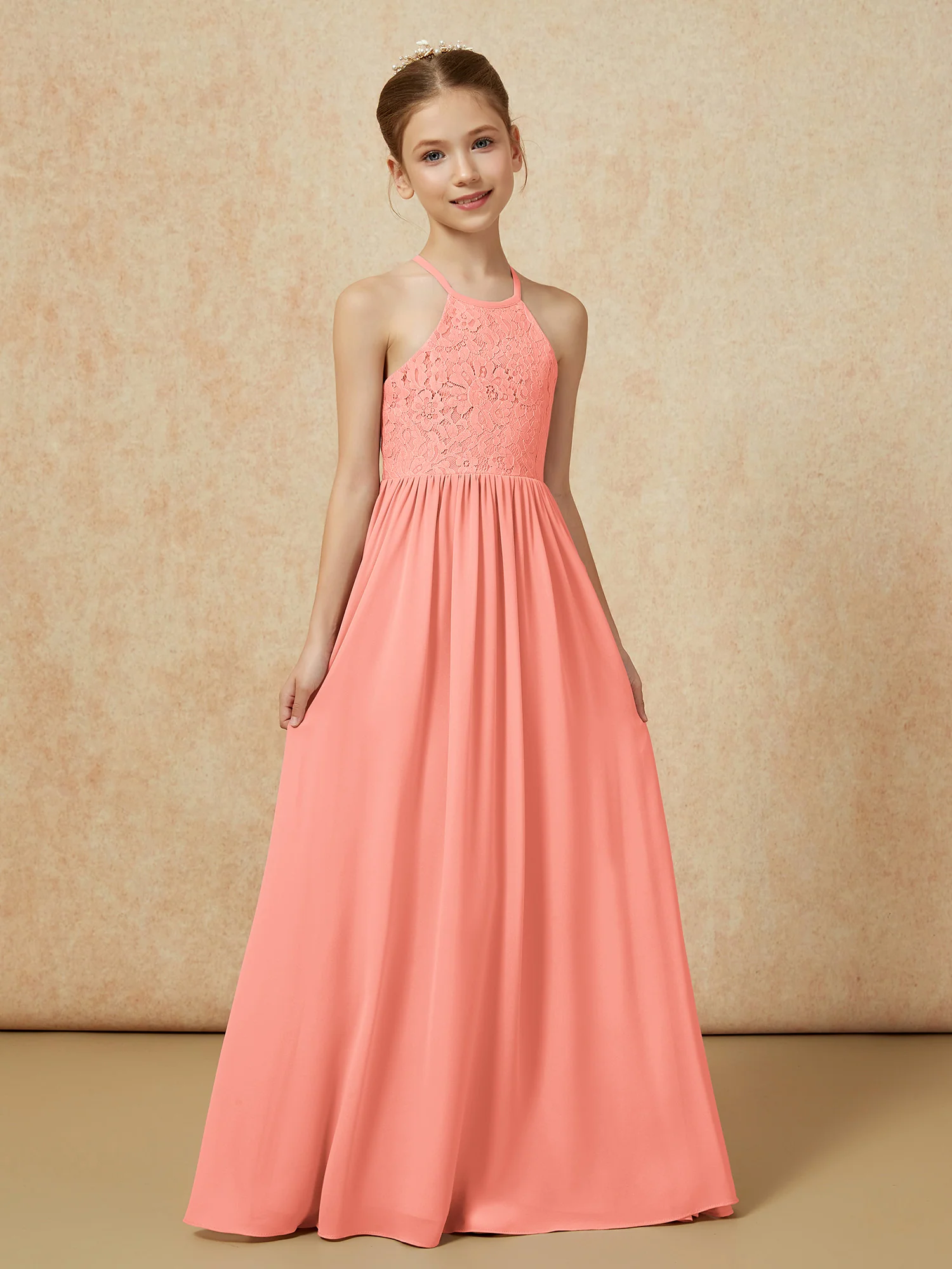 Pleated Lace Chiffion Long Junior Bridesmaid Dress Sunset - Image 5