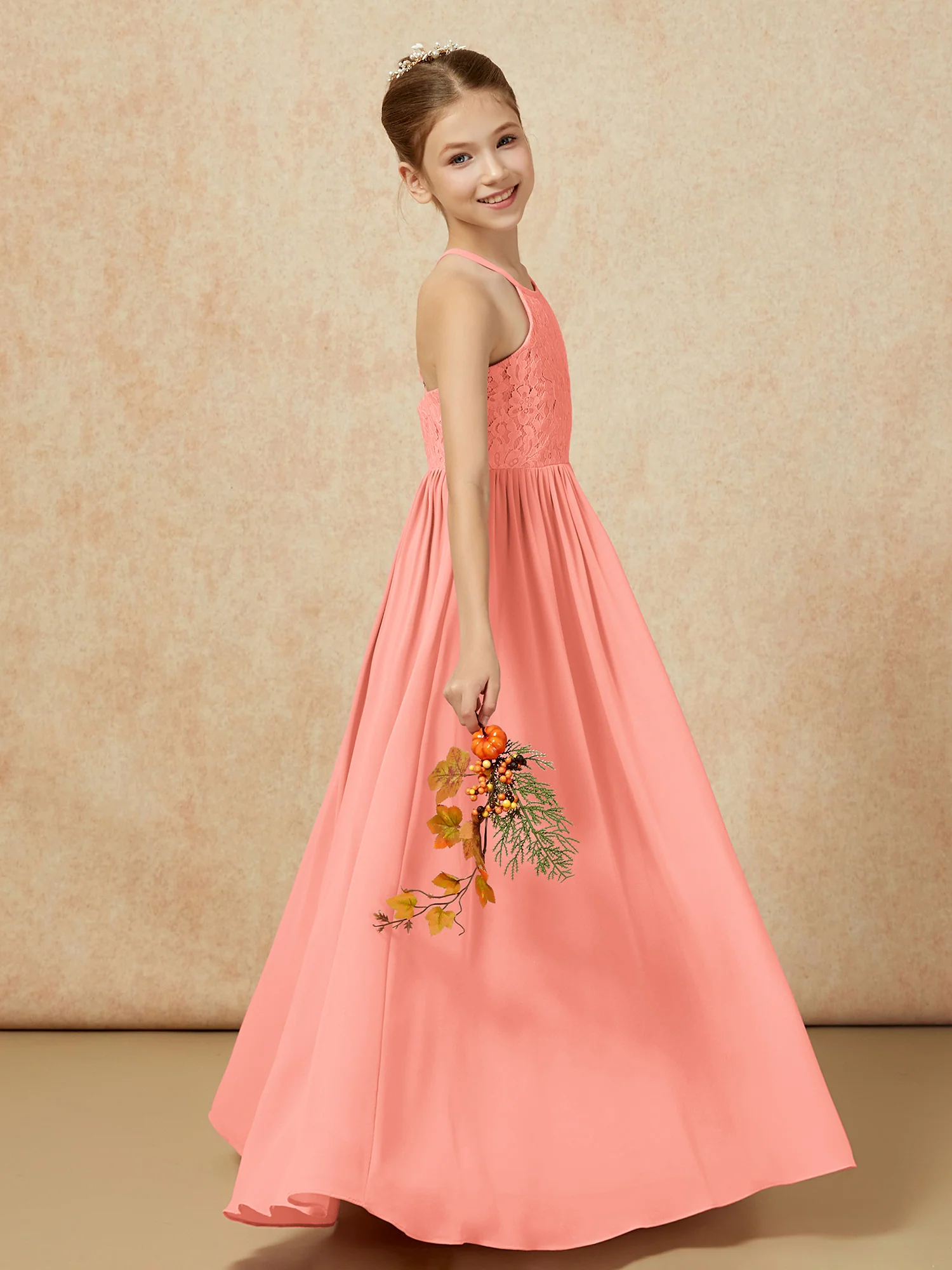 Pleated Lace Chiffion Long Junior Bridesmaid Dress Sunset - Image 6
