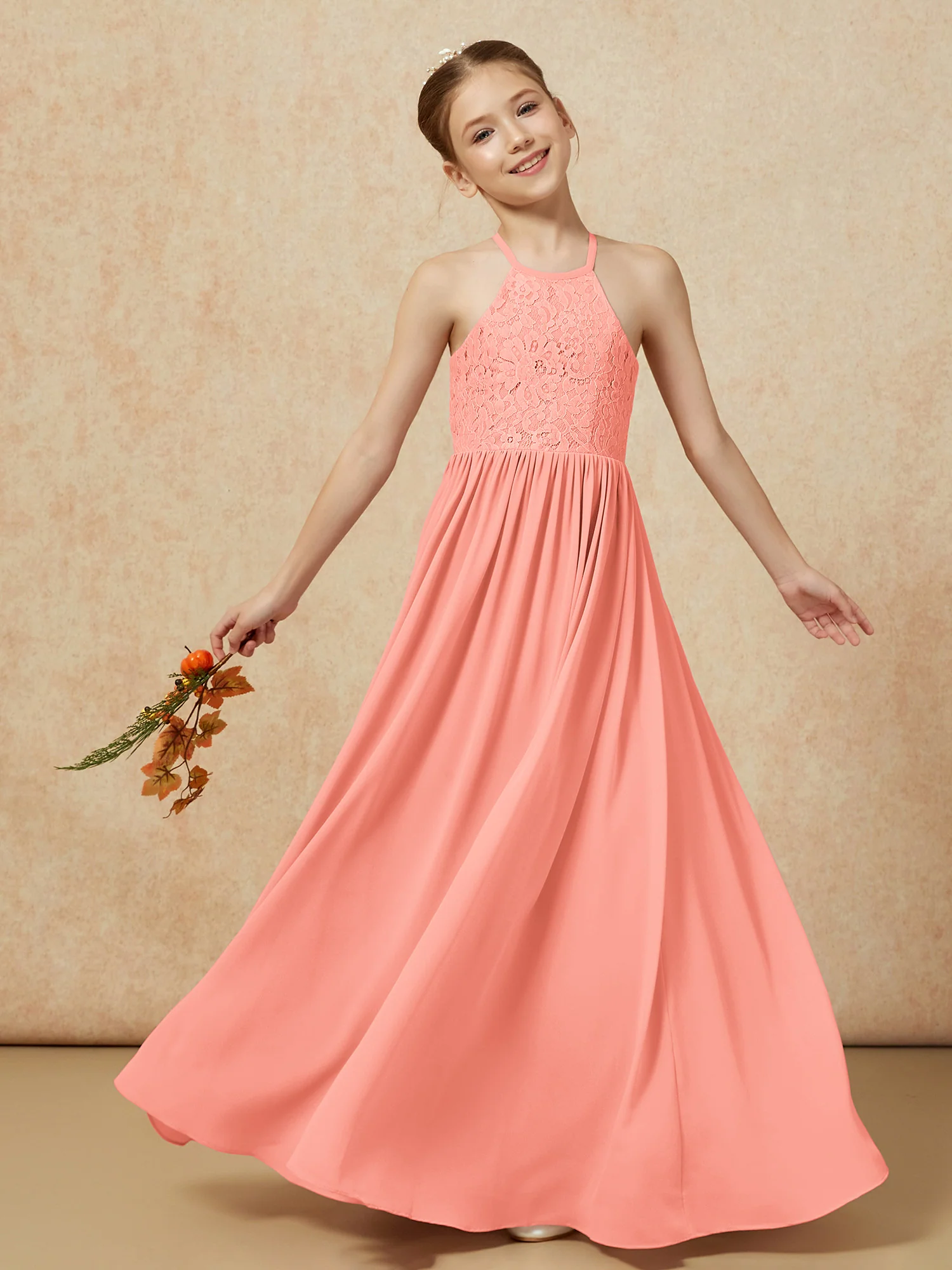 Pleated Lace Chiffion Long Junior Bridesmaid Dress Sunset - Image 7