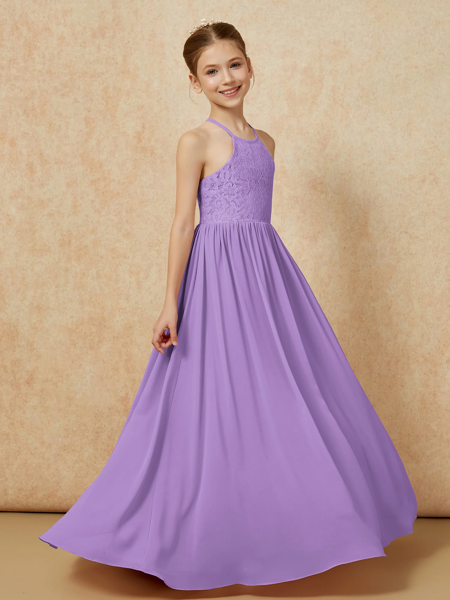 Pleated Lace Chiffion Long Junior Bridesmaid Dress Tahiti - Image 3