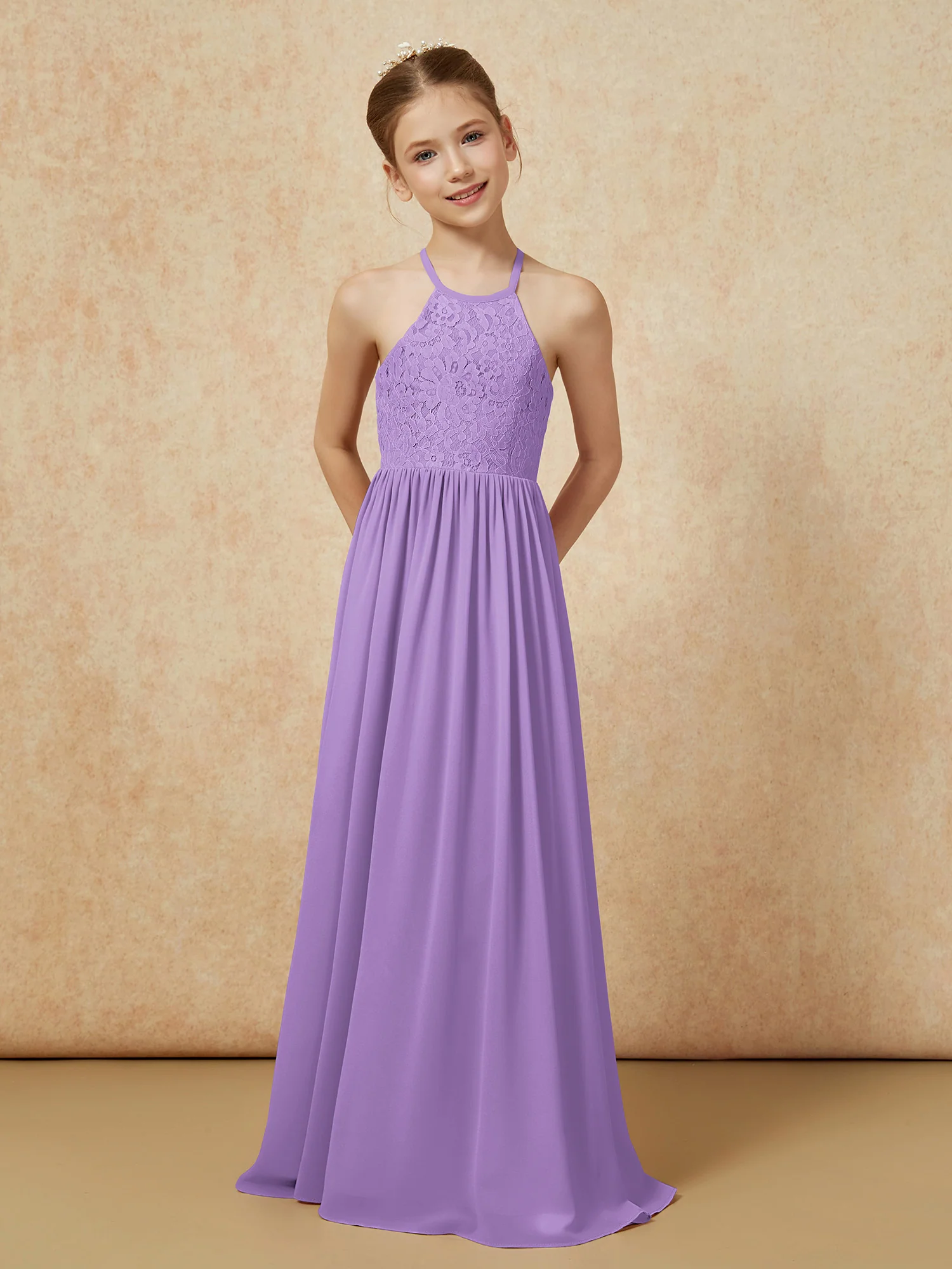 Pleated Lace Chiffion Long Junior Bridesmaid Dress Tahiti - Image 4