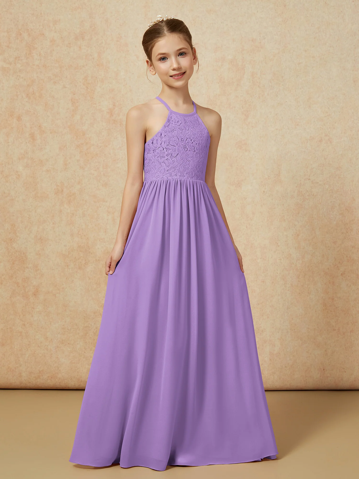 Pleated Lace Chiffion Long Junior Bridesmaid Dress Tahiti - Image 5
