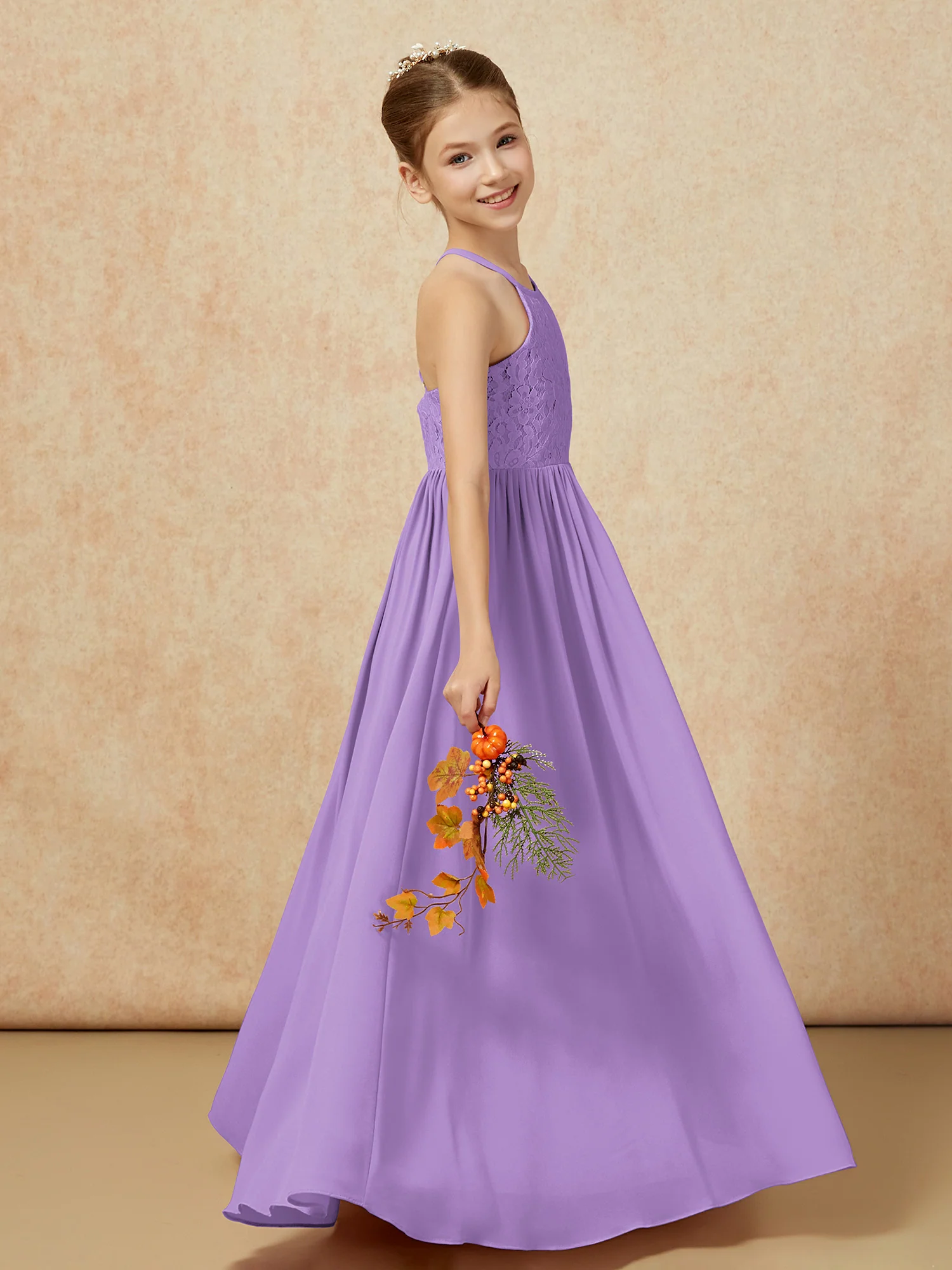 Pleated Lace Chiffion Long Junior Bridesmaid Dress Tahiti - Image 6