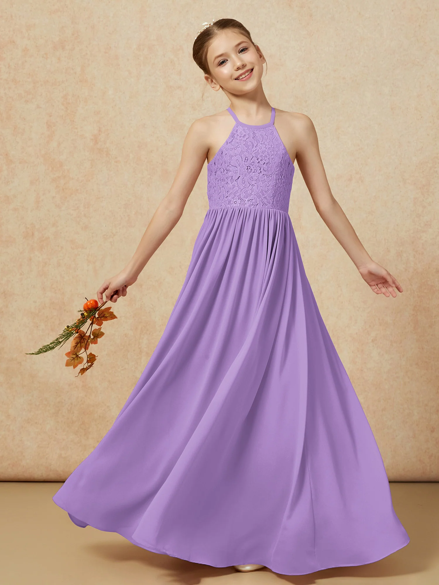 Pleated Lace Chiffion Long Junior Bridesmaid Dress Tahiti - Image 7