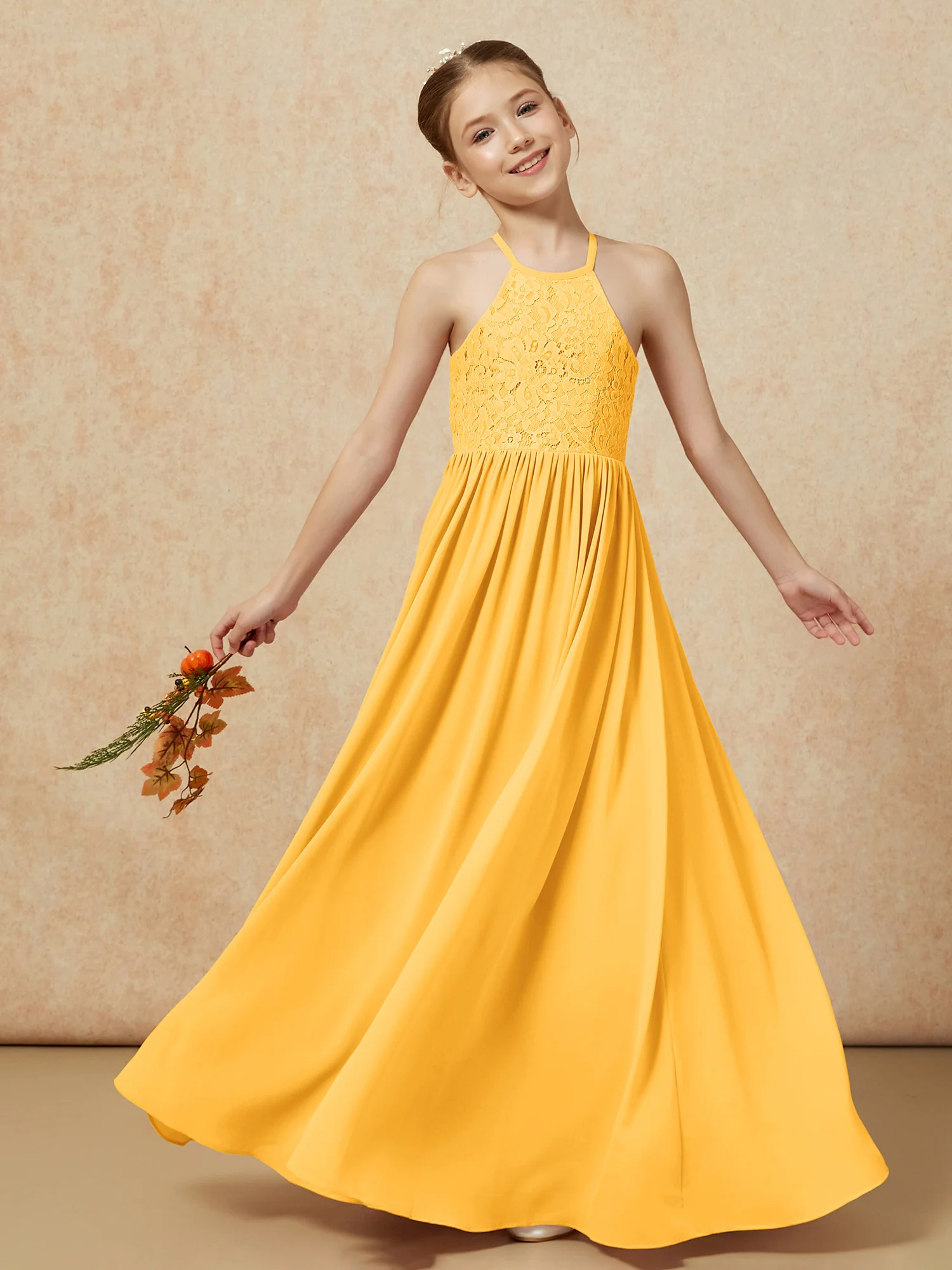 Pleated Lace Chiffion Long Junior Bridesmaid Dress Tangerine - Image 7