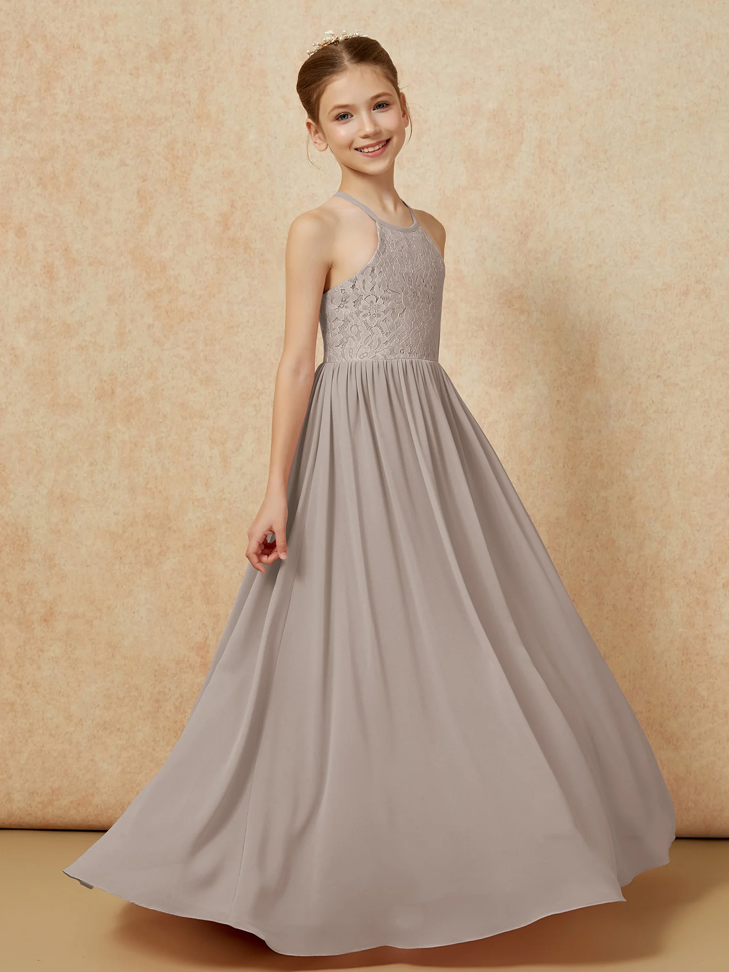 Pleated Lace Chiffion Long Junior Bridesmaid Dress Taupe - Image 3