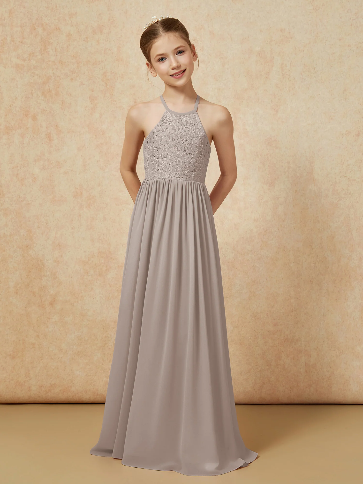 Pleated Lace Chiffion Long Junior Bridesmaid Dress Taupe - Image 4