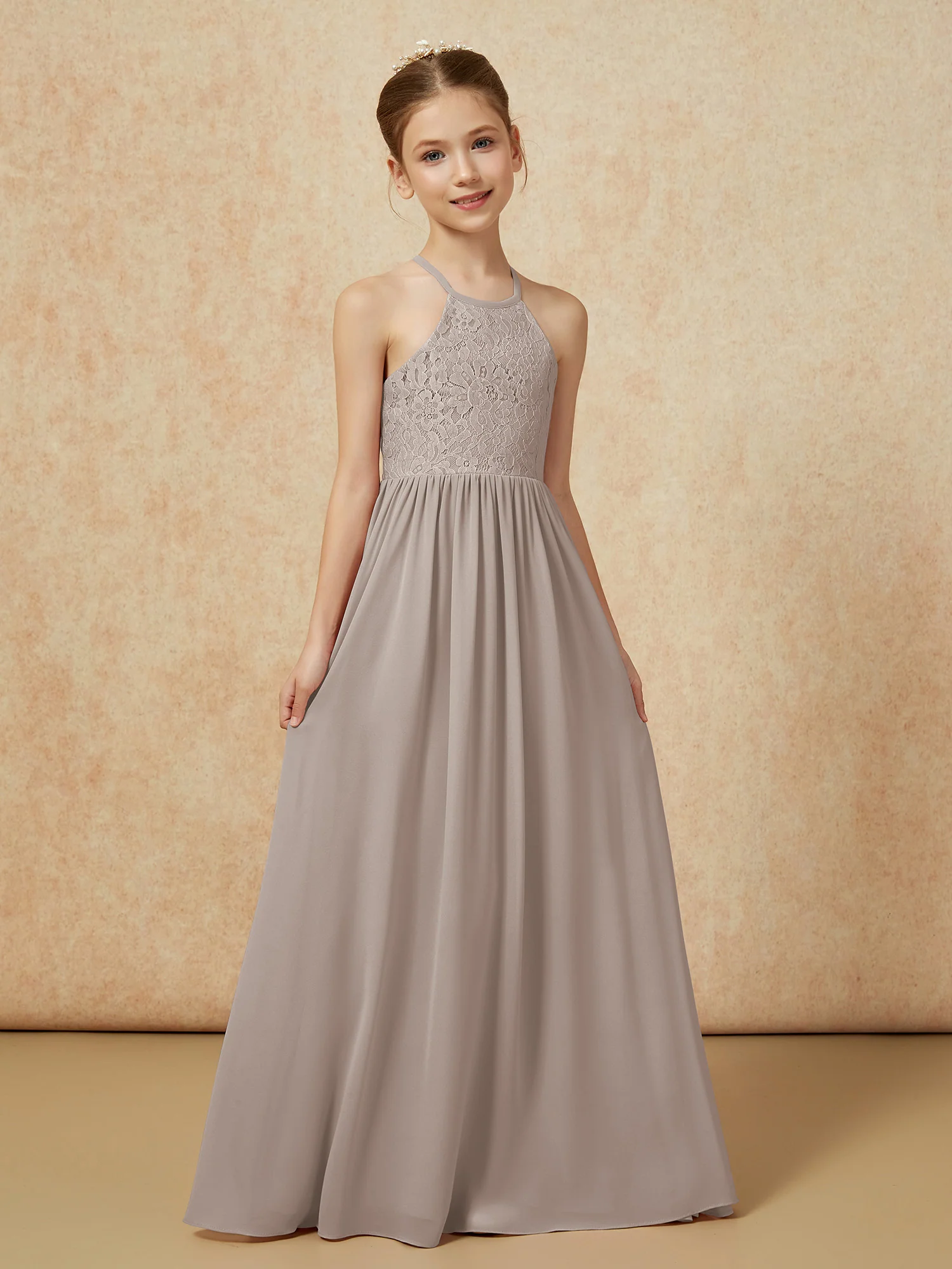 Pleated Lace Chiffion Long Junior Bridesmaid Dress Taupe - Image 5