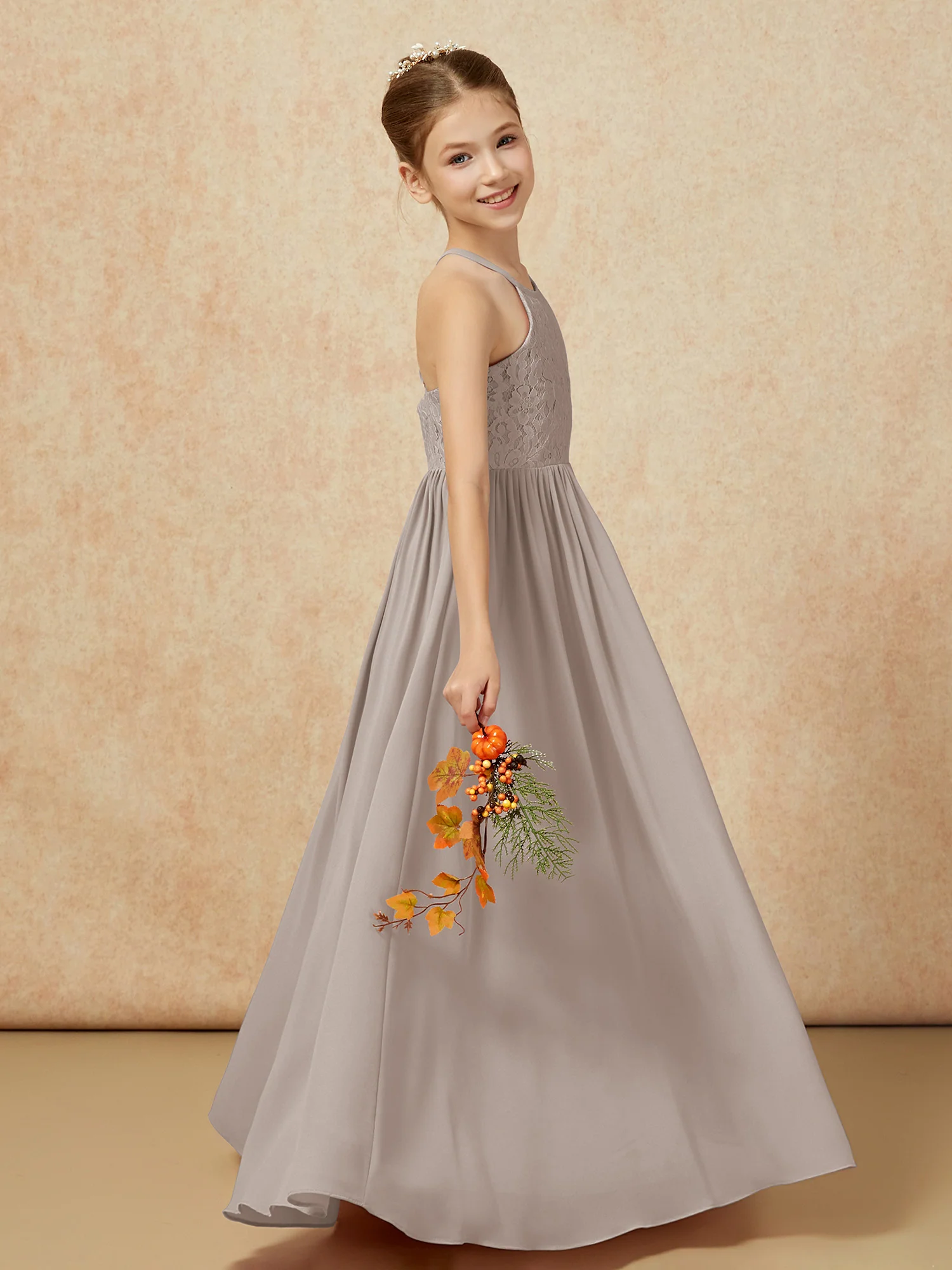 Pleated Lace Chiffion Long Junior Bridesmaid Dress Taupe - Image 6