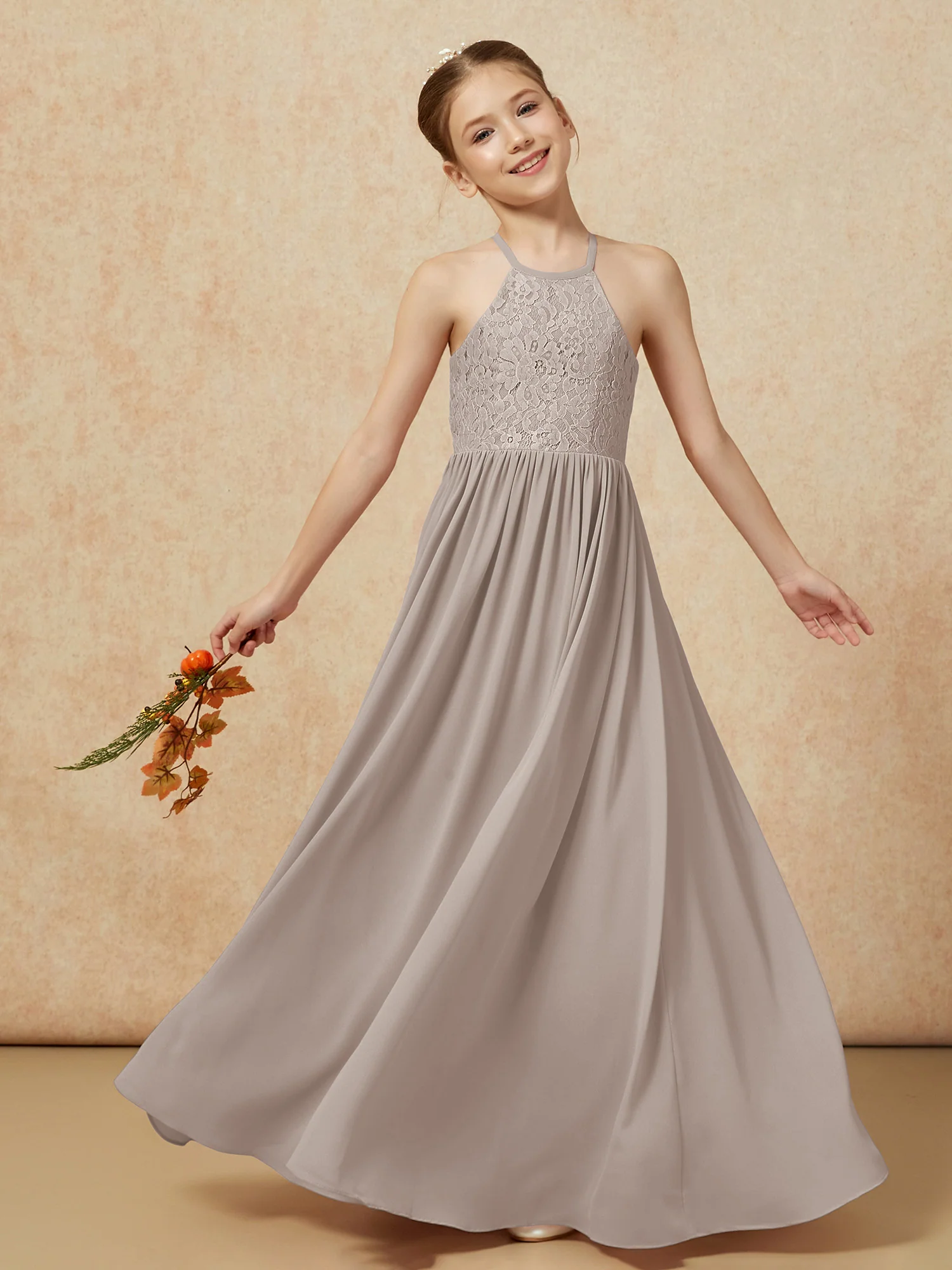 Pleated Lace Chiffion Long Junior Bridesmaid Dress Taupe - Image 7