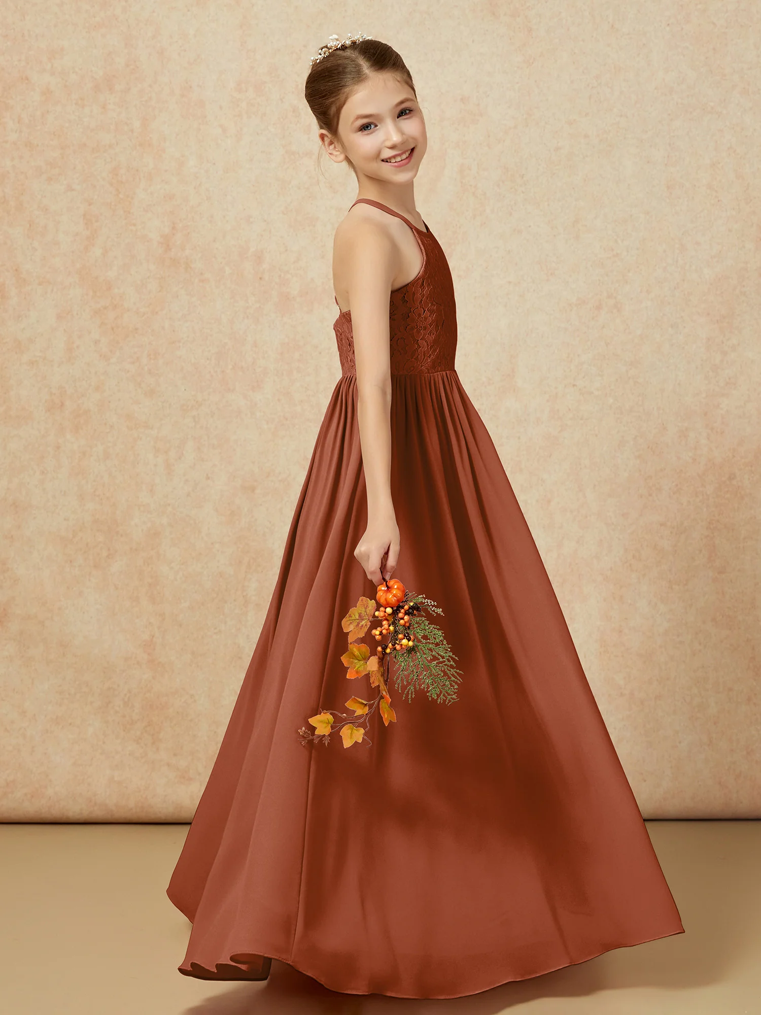 Pleated Lace Chiffion Long Junior Bridesmaid Dress Terracotta - Image 6