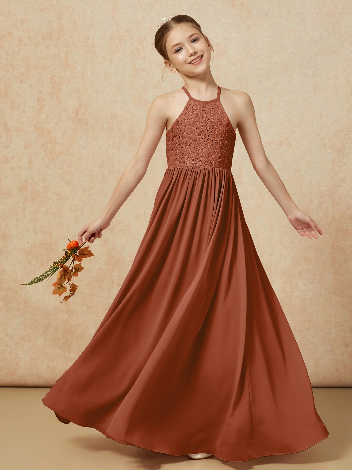 Pleated Lace Chiffion Long Junior Bridesmaid Dress Terracotta - Image 7