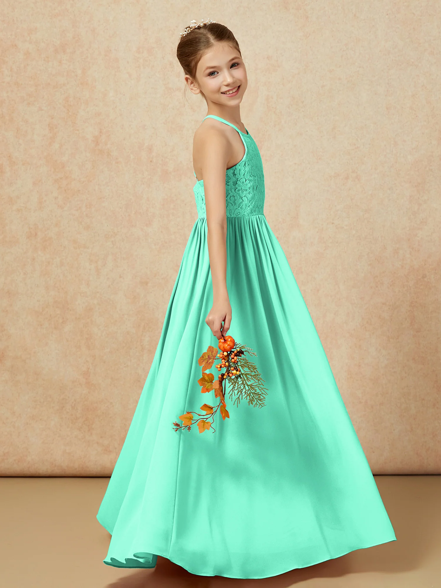 Pleated Lace Chiffion Long Junior Bridesmaid Dress Turquoise - Image 6