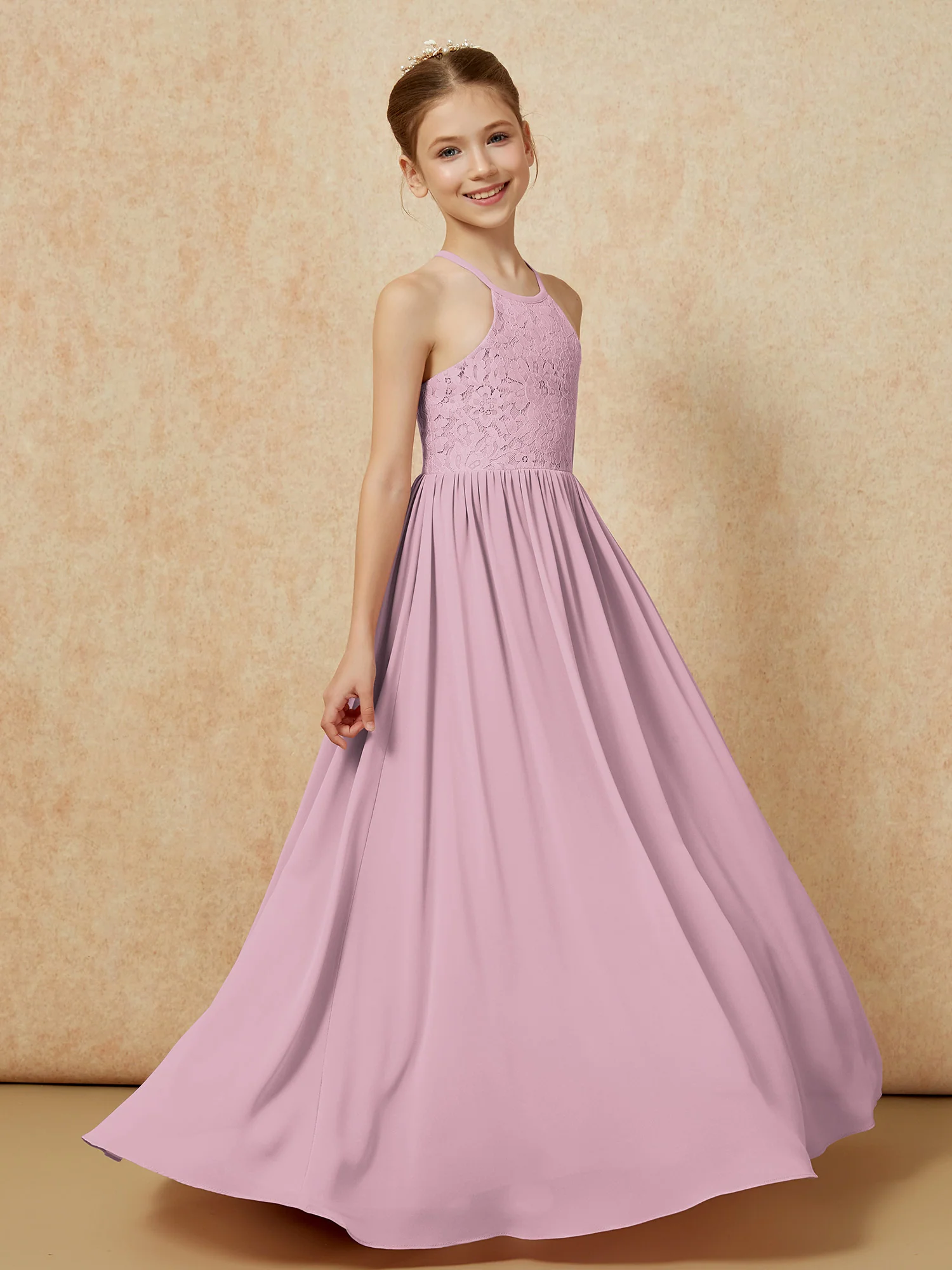 Pleated Lace Chiffion Long Junior Bridesmaid Dress Vintage Mauve - Image 3