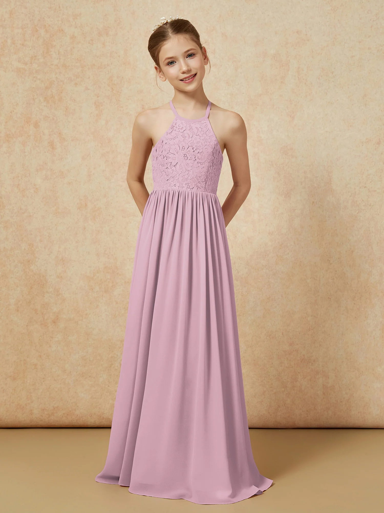 Pleated Lace Chiffion Long Junior Bridesmaid Dress Vintage Mauve - Image 4