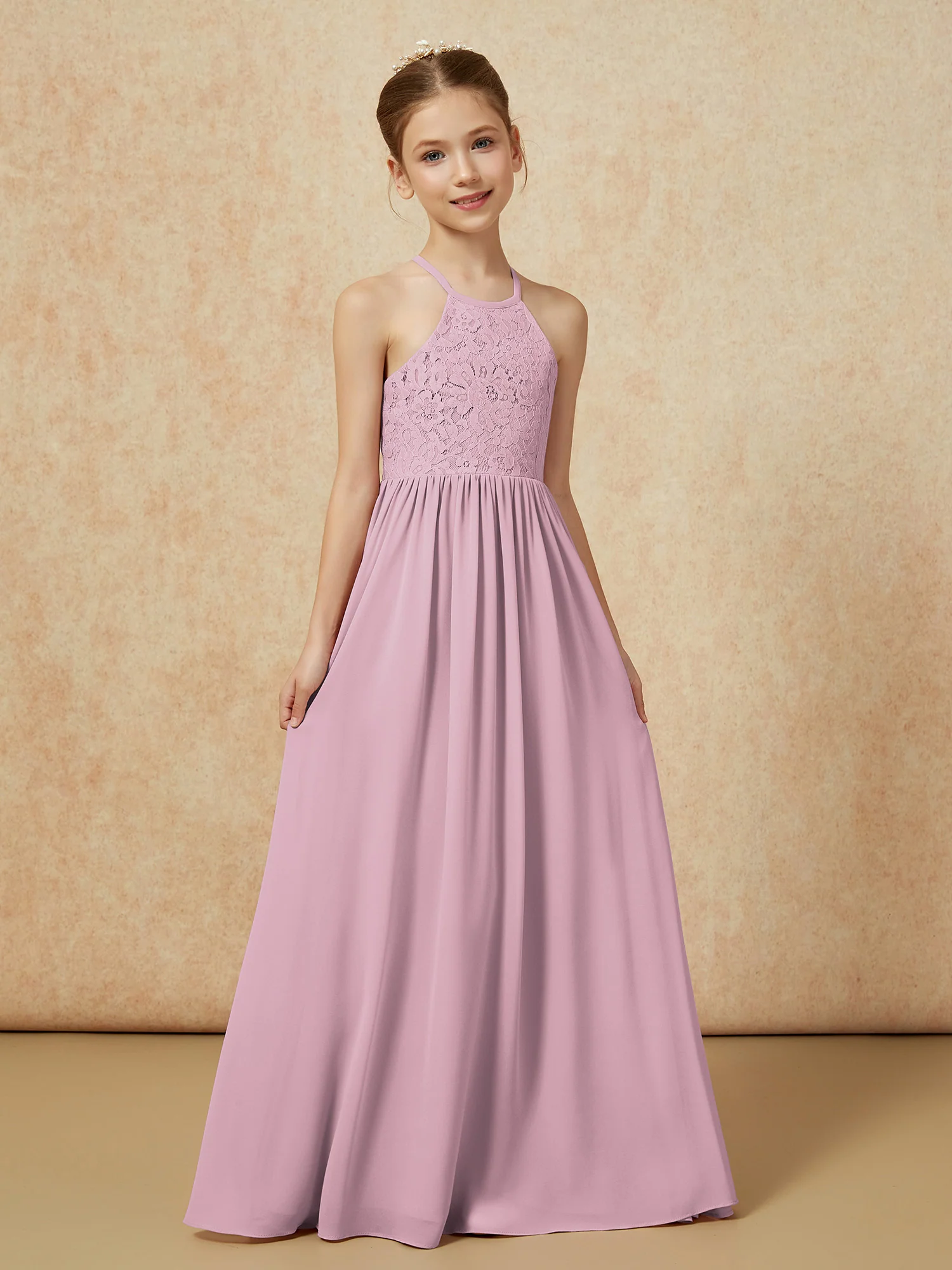 Pleated Lace Chiffion Long Junior Bridesmaid Dress Vintage Mauve - Image 5
