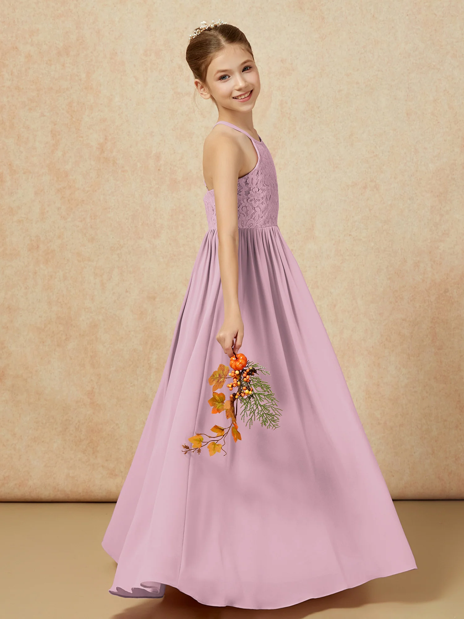 Pleated Lace Chiffion Long Junior Bridesmaid Dress Vintage Mauve - Image 6