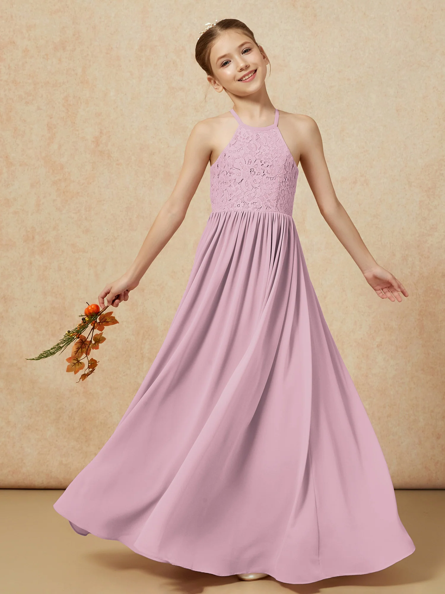 Pleated Lace Chiffion Long Junior Bridesmaid Dress Vintage Mauve - Image 7
