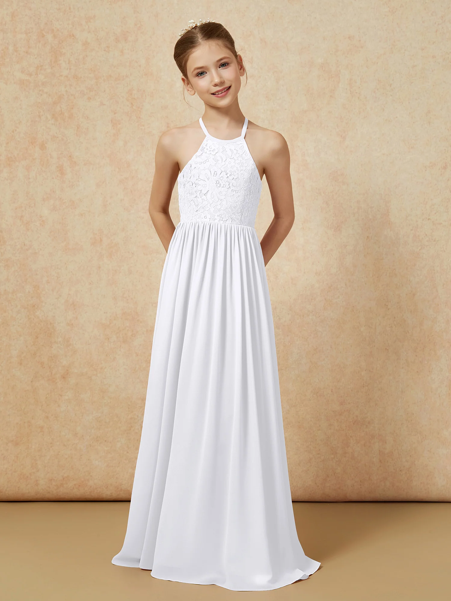 Pleated Lace Chiffion Long Junior Bridesmaid Dress White - Image 4