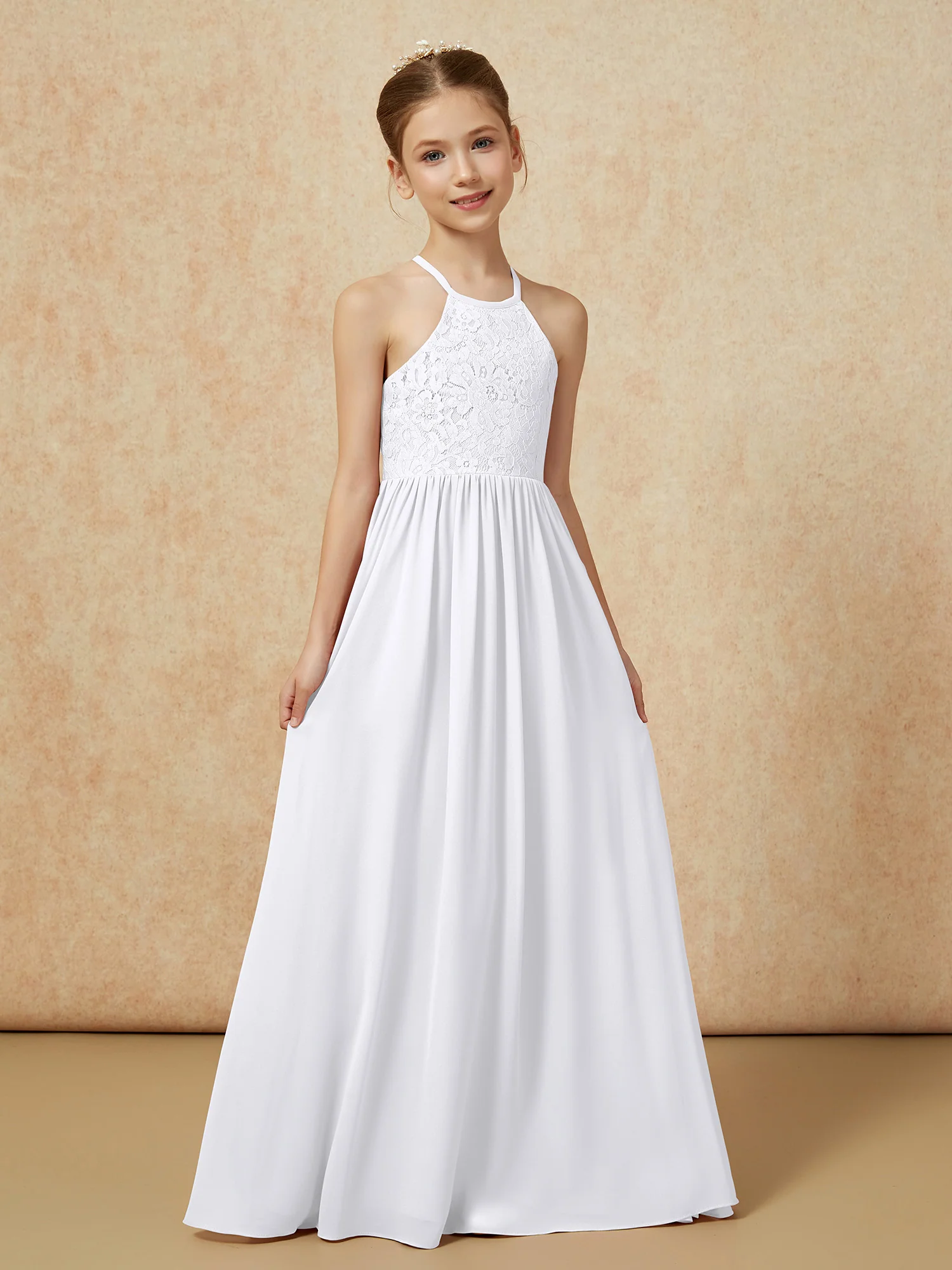 Pleated Lace Chiffion Long Junior Bridesmaid Dress White - Image 5