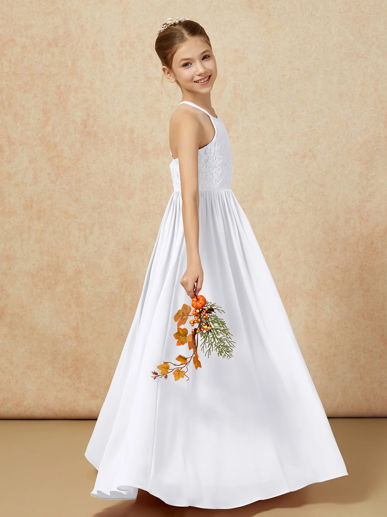 Pleated Lace Chiffion Long Junior Bridesmaid Dress White - Image 6